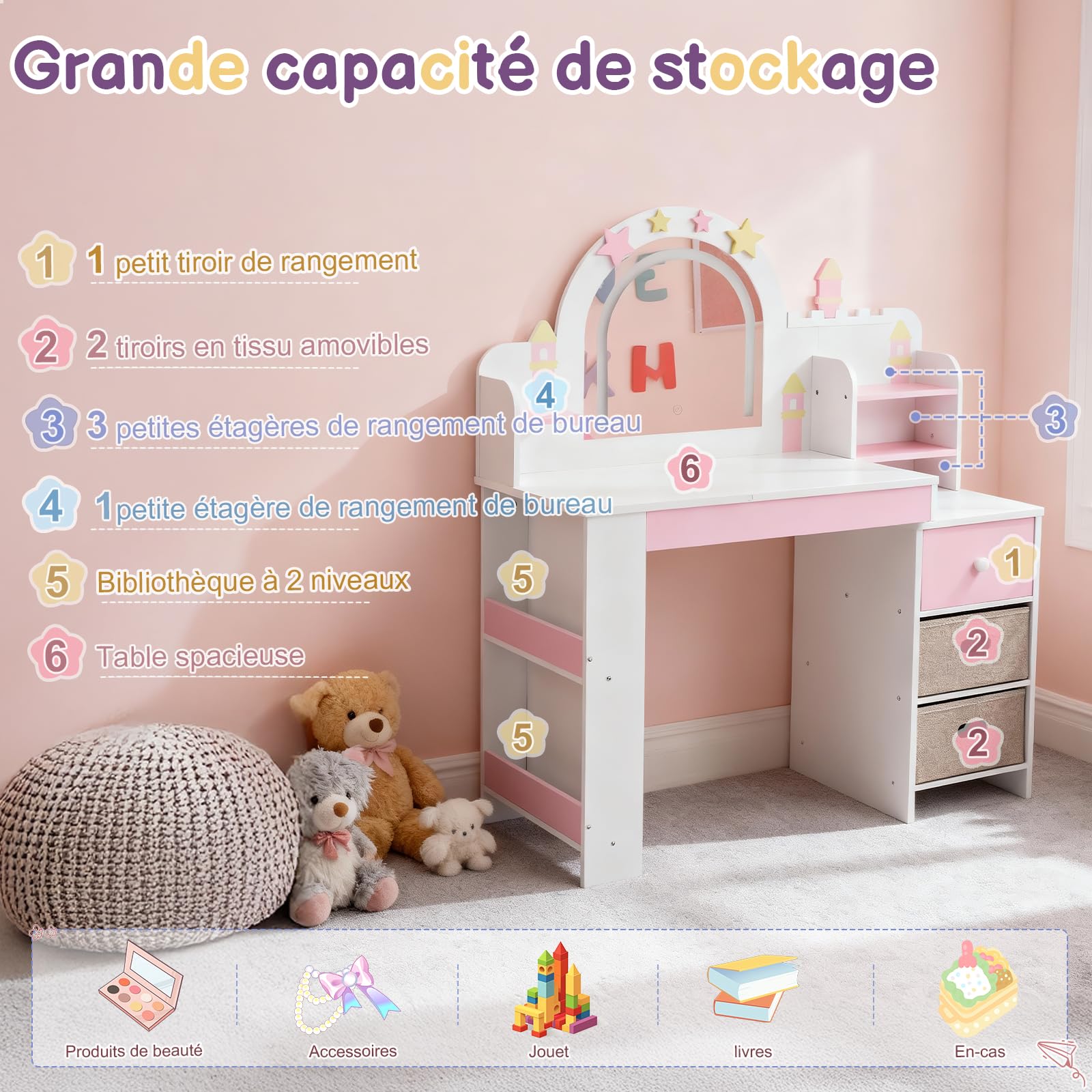LALAHO 2 en 1 Coiffeuse pour Enfants et Miroir LED, Coiffeuse Fille avec Tabouret，Bibliothèque pour Enfants, Tiroirs en Tissu et Tiroirs en Bois, Crochets à Bijoux，pour Les 4-9 Ans (Blanc & Rose)