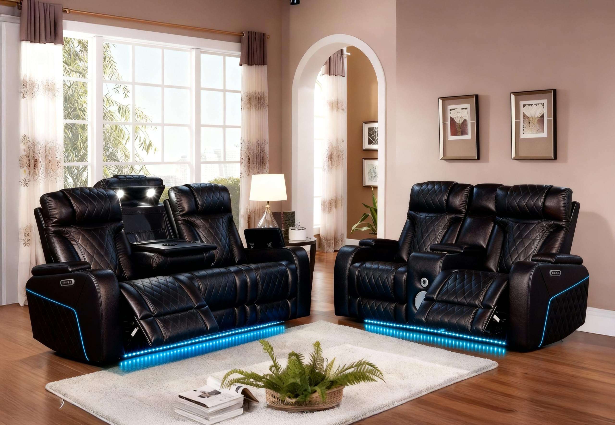 First of a Kind Luxurious Dual Black Reclining Sofa - Diamond-Stitched Leather Couch with LED Lighting - Built-in Cup Holders, Power Controls, &amp; Reading Lights