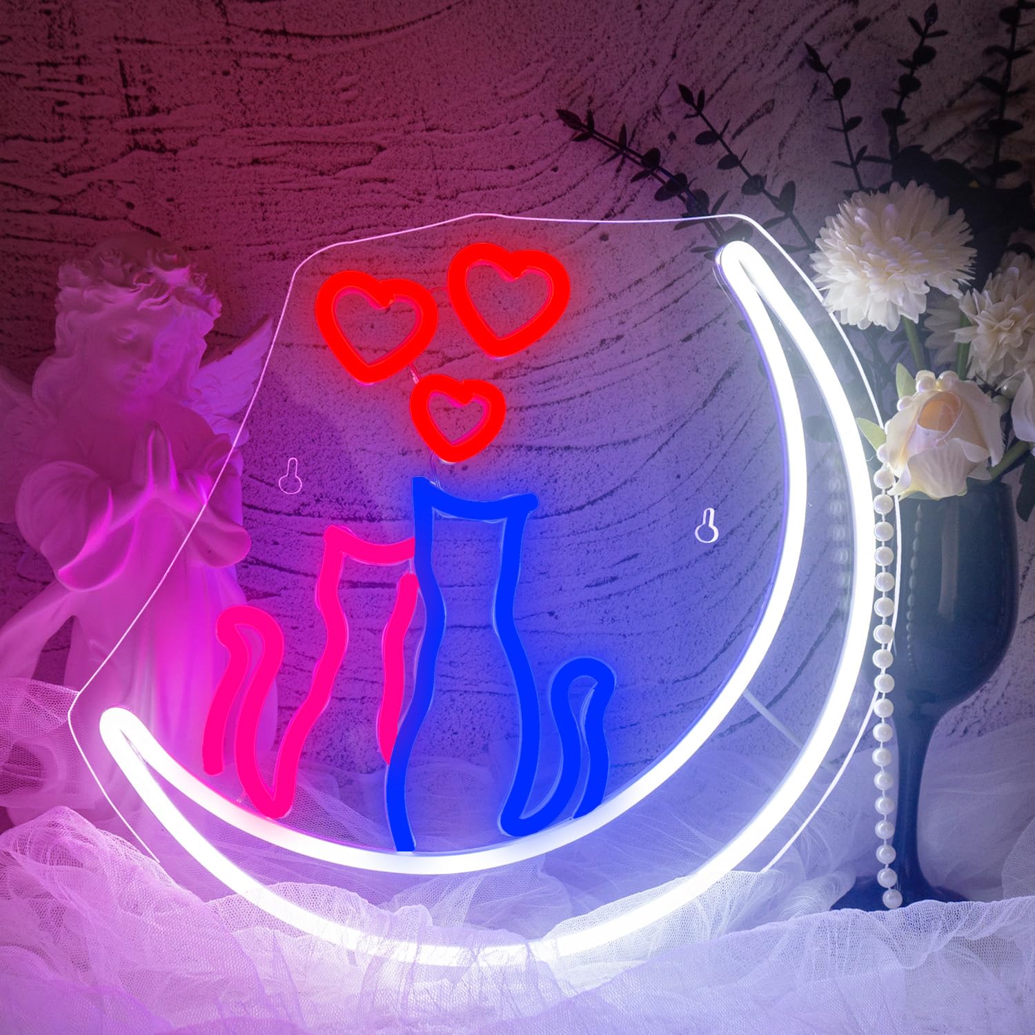 DREAMFORT Two Cats on Moon Neon Sign Christmas Cat Cute Couple Kittys Neon Lights for Wall Decor,Kawaii Animal 3D LED Neon,USB Light Up Signs for