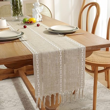 Yicorgard Farmhouse Table Runner Rustic Style 13 x 120, Braided Striped Linen Table Runner 120 Inches Long with Tassels for Dining Room Kitchen Reading Dresser Decor,Khaki