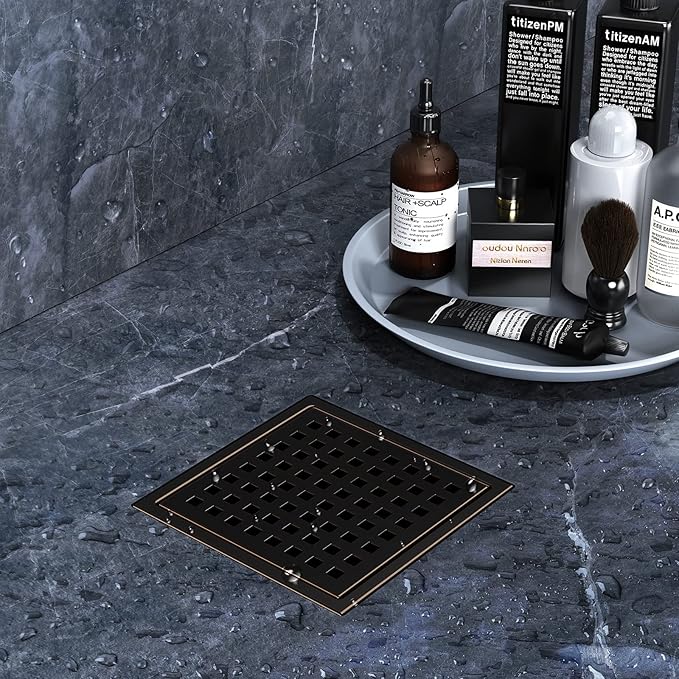 NIREU 6" Square Shower Drain with Removable Cover Mesh Grille, SUS 304 Stainless Steel, Watermarked and CUPC Certified, Oil Rubbed Bronze Finish