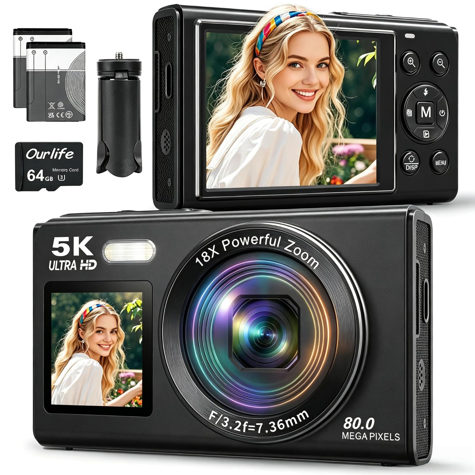 Digital Camera,5K 80MP Dual Screen Camera for Photography Vlogging with 18X Zoom Autofocus,Fill Light,Compact Vlog Cameras for YouTube,Campus,Travel,Teens & Beginners Tripod 2 Batteries 64GB Card-picture-10