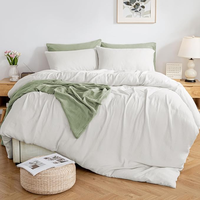 MILDLY Muslin Duvet Cover Queen - 100% Washed Cotton Linen Like Gauze Comforter Cover 3 Pieces Breathable & Lightweight for All Season