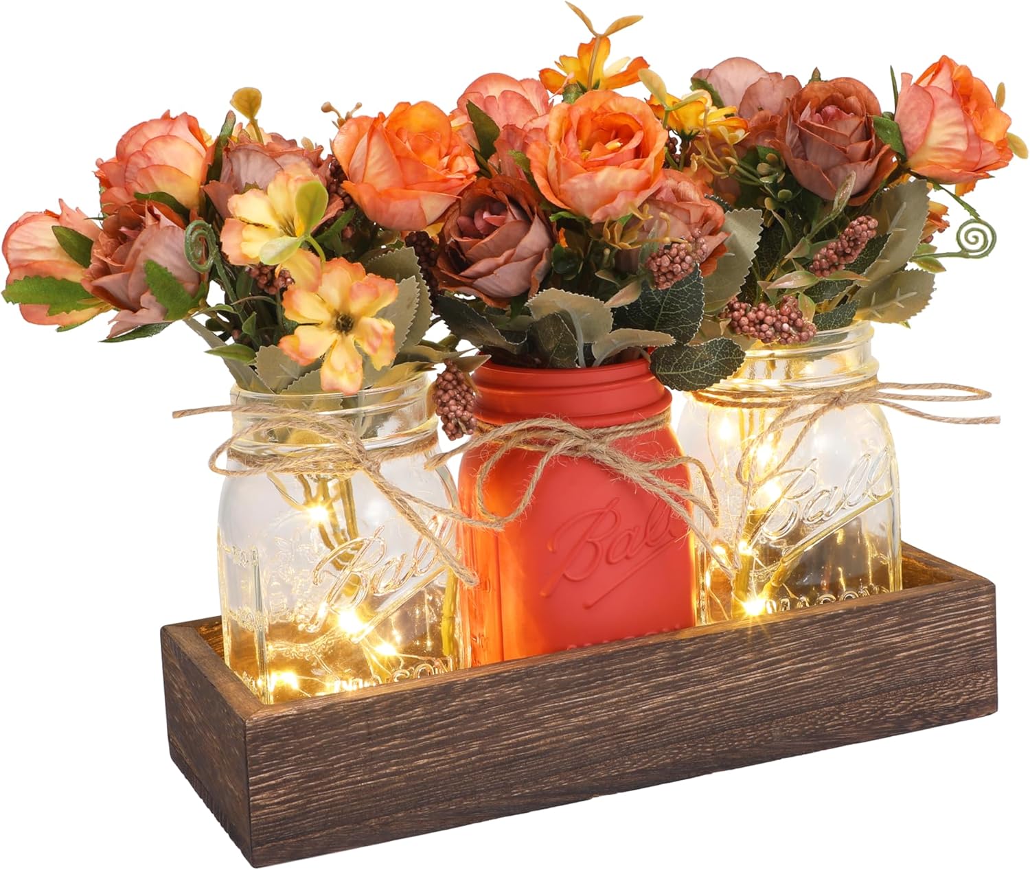 Mason Jar Table Centerpiece Decor with Lights, Wood Tray & 3 Artificial Flowers - Farmhouse Table Decor for Dining Room, Living Room, Kitchen, Coffee Table