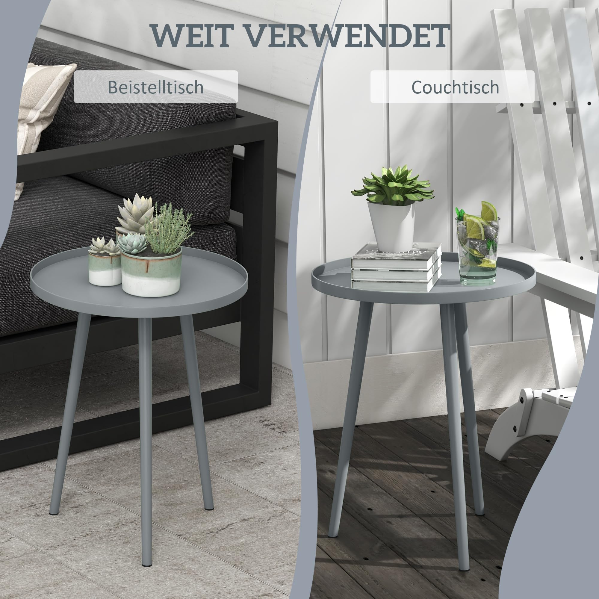 Outsunny Beistelltisch Garten, wetterfester Gartentisch mit erhöhtem Rand, Balkontisch aus Stahl, runder Kaffeetisch 20kg belastbar, Ø40x50H cm, Sofatisch für Outdoor Indoor Balkon Terrasse Grau