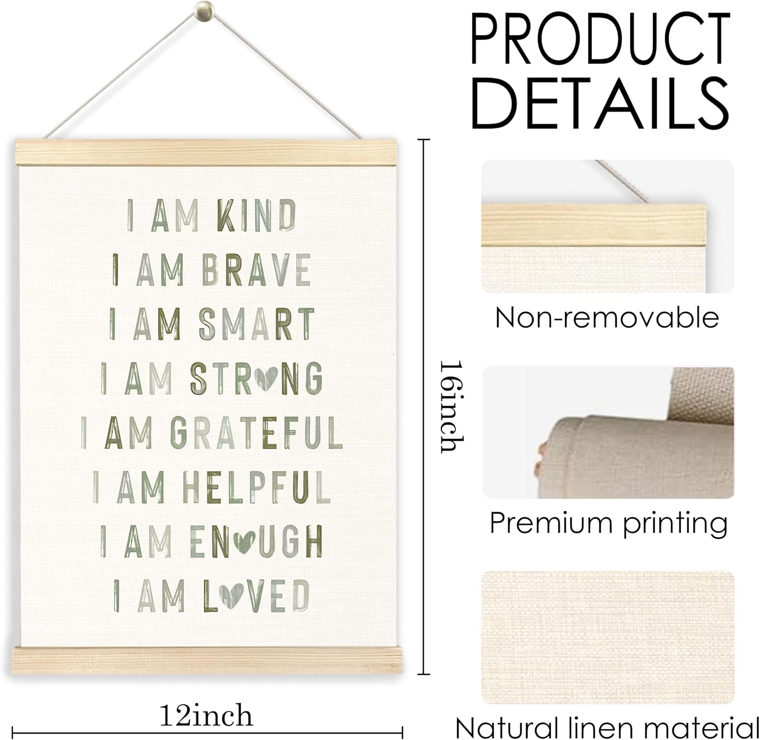 BESERH Boho Sage Green Positive Affirmations Wall Art Posters, Boho Nursery Decor Boy Girl, I Am Kind Brave Smart Canvas Prints Artwork Framed for Toddler Kids Room Nursery Playroom, 12x16 Inch