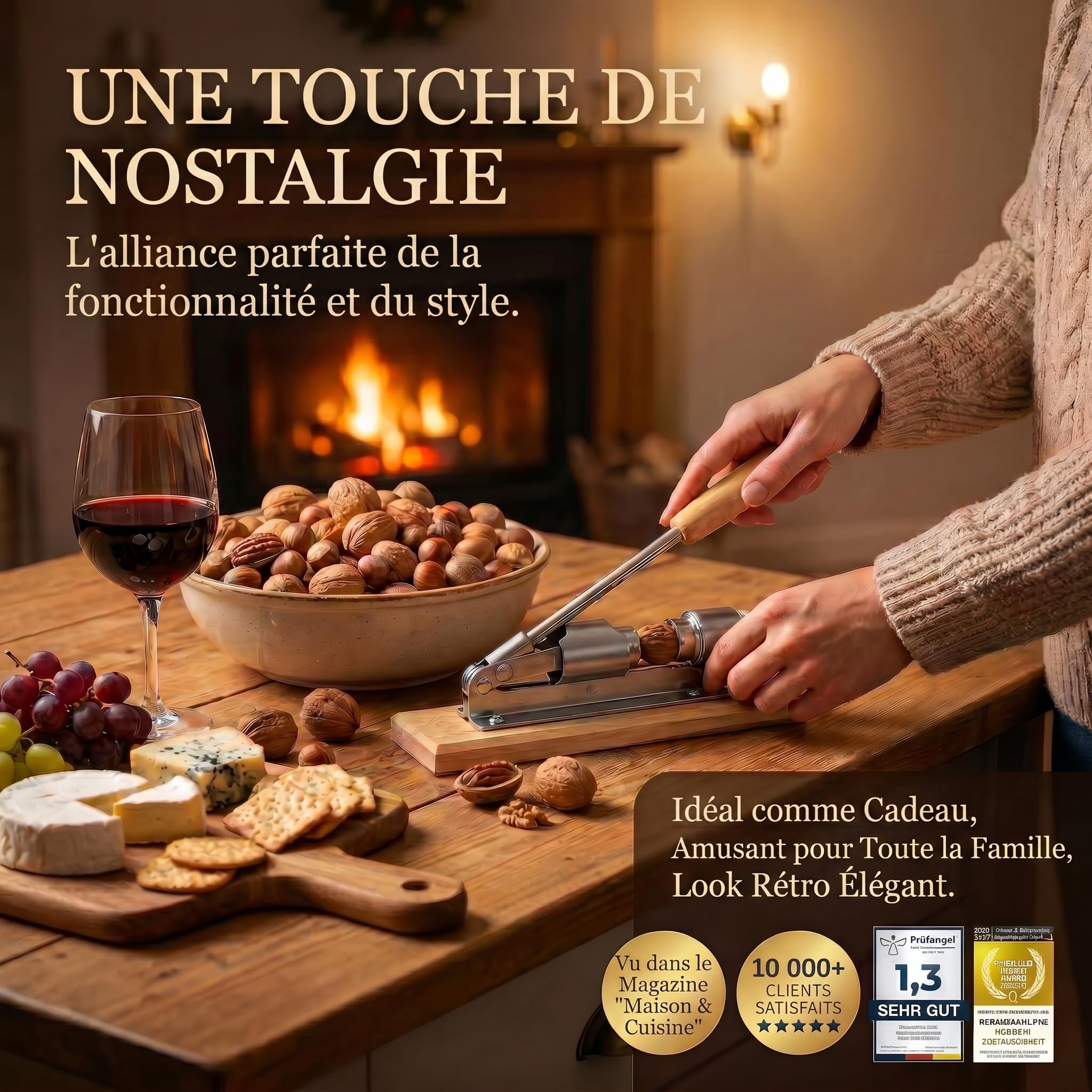 Casse-noisettes au design nostalgique Casse-noisettes en acier inoxydable avec fonction de levier ; ouverture des noix réglable en taille et en puissance.