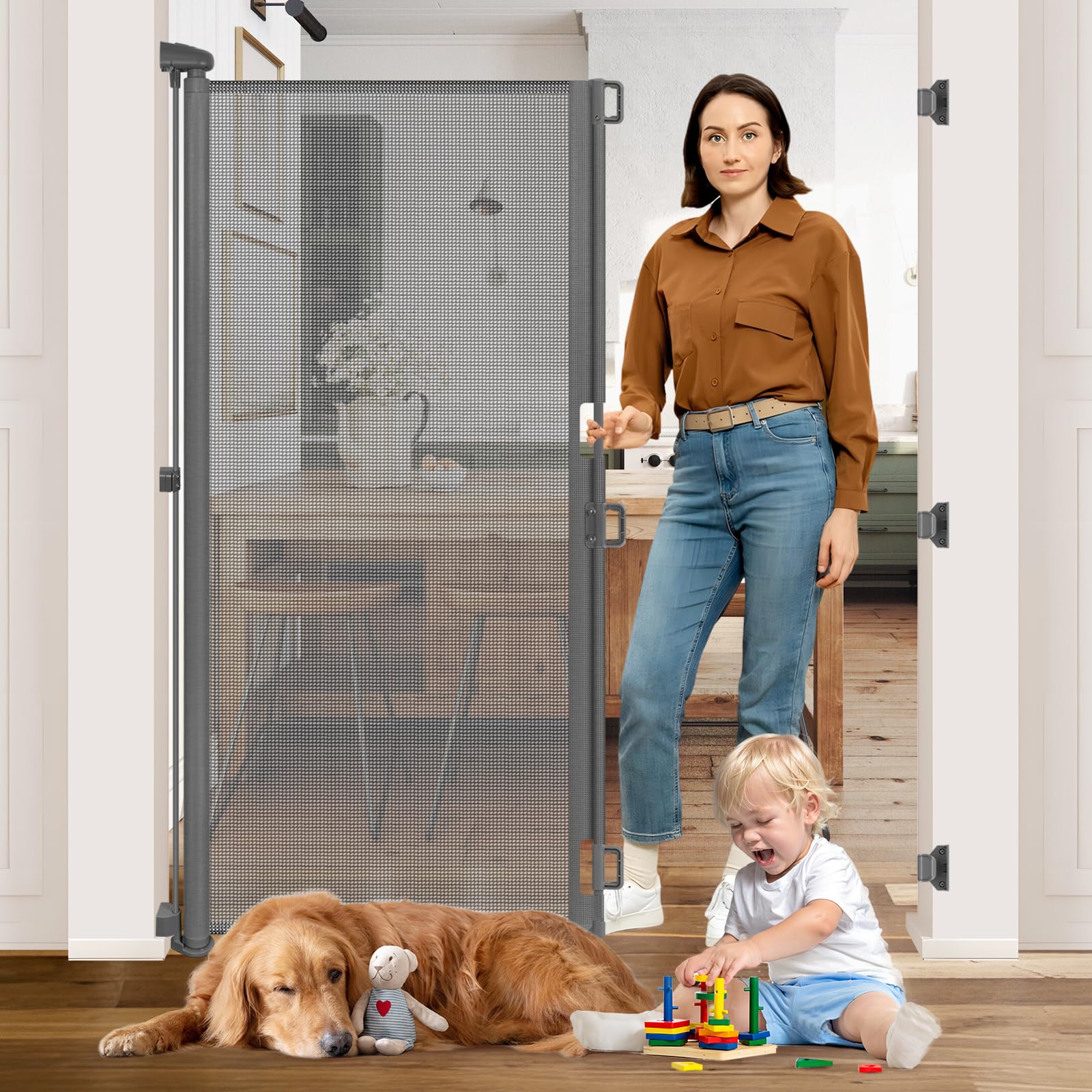 65'' Extra Tall Pet Gate Indoor Gate 55'' Wide Baby Gate Retractable Dog Gate Outdoor Gates for Decks Retractable Baby Gates for Doorways Tall Dog Gate for Front Door Mesh Gates for Kids or Pets, Gray