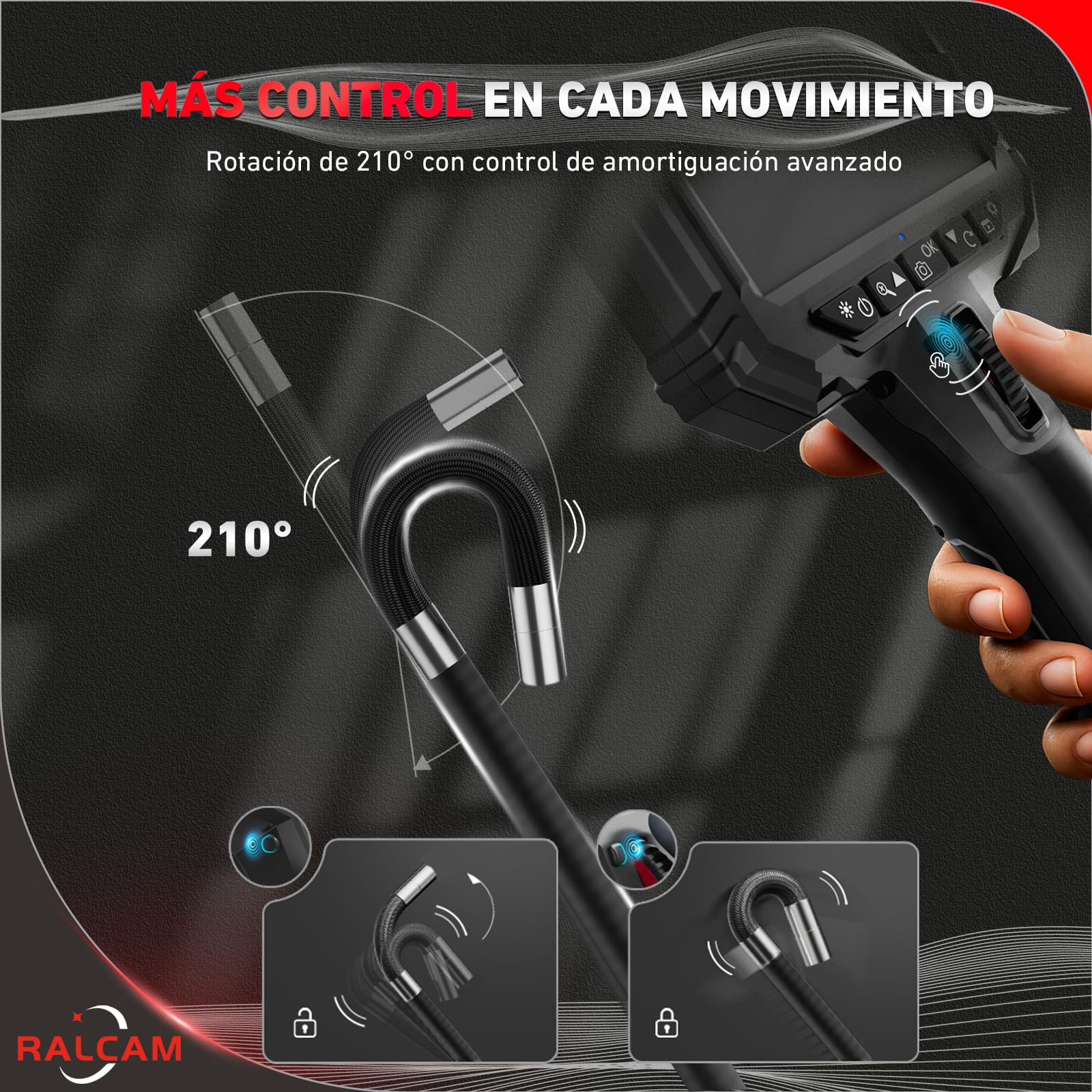 Ralcam Cámara endoscopio con luz, cámara endoscopio con Cabeza móvil de 210°, sonda de 5,5 mm, Pantalla HD de 5 Pulgadas, cámara de inspección IP67, Tubo de Manguera elástica de 1,5 m, cámara de Tubo