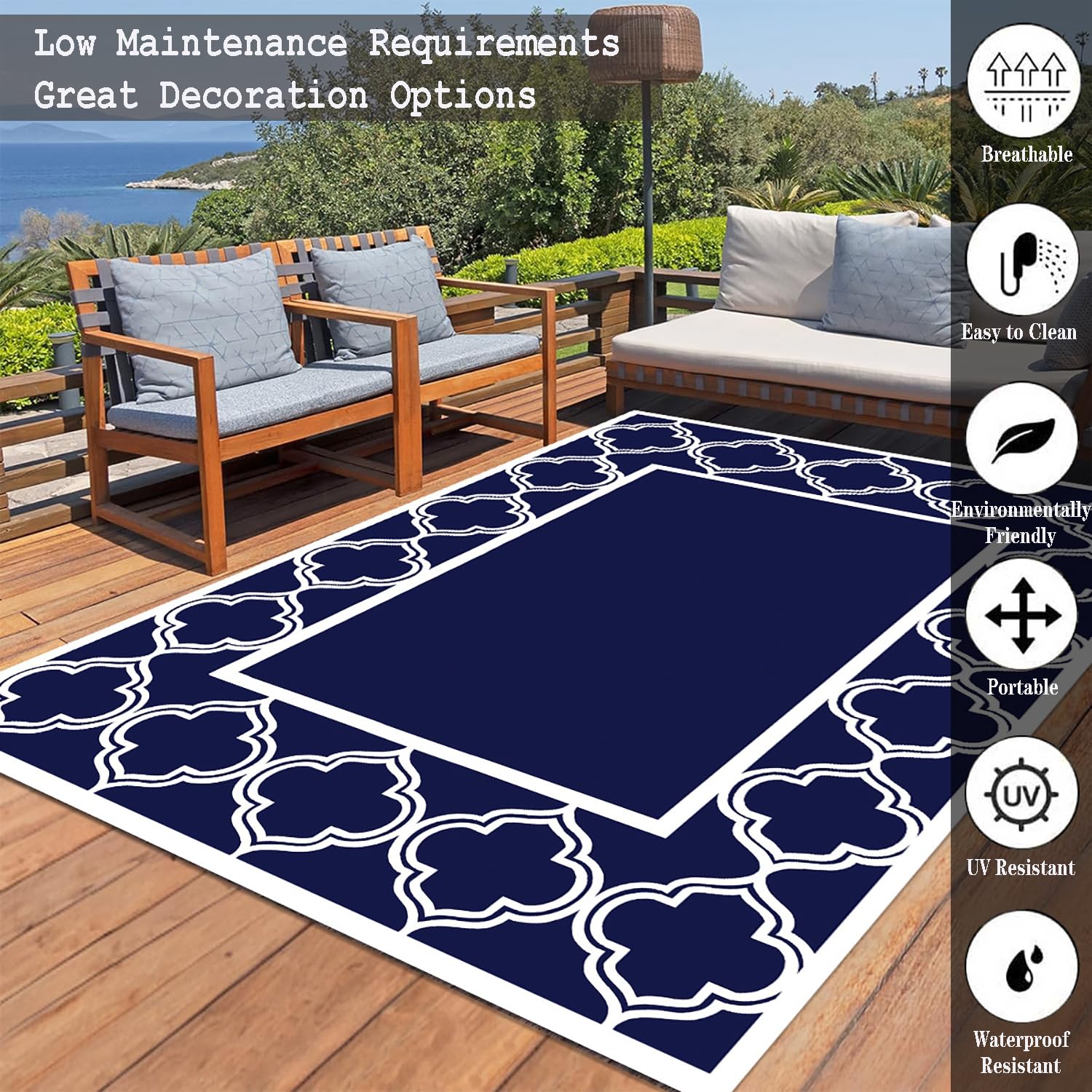 Wodoodporny Dywanik na Zewnątrz do Dekoracji na Patio,150x240cm Składany Odwracalny Dywanik z Plastikowej Słomy na Kemping,Tarasu,Werandy,Piknik,Plażę,Balkon,Kolorze Niebiesko-Białym