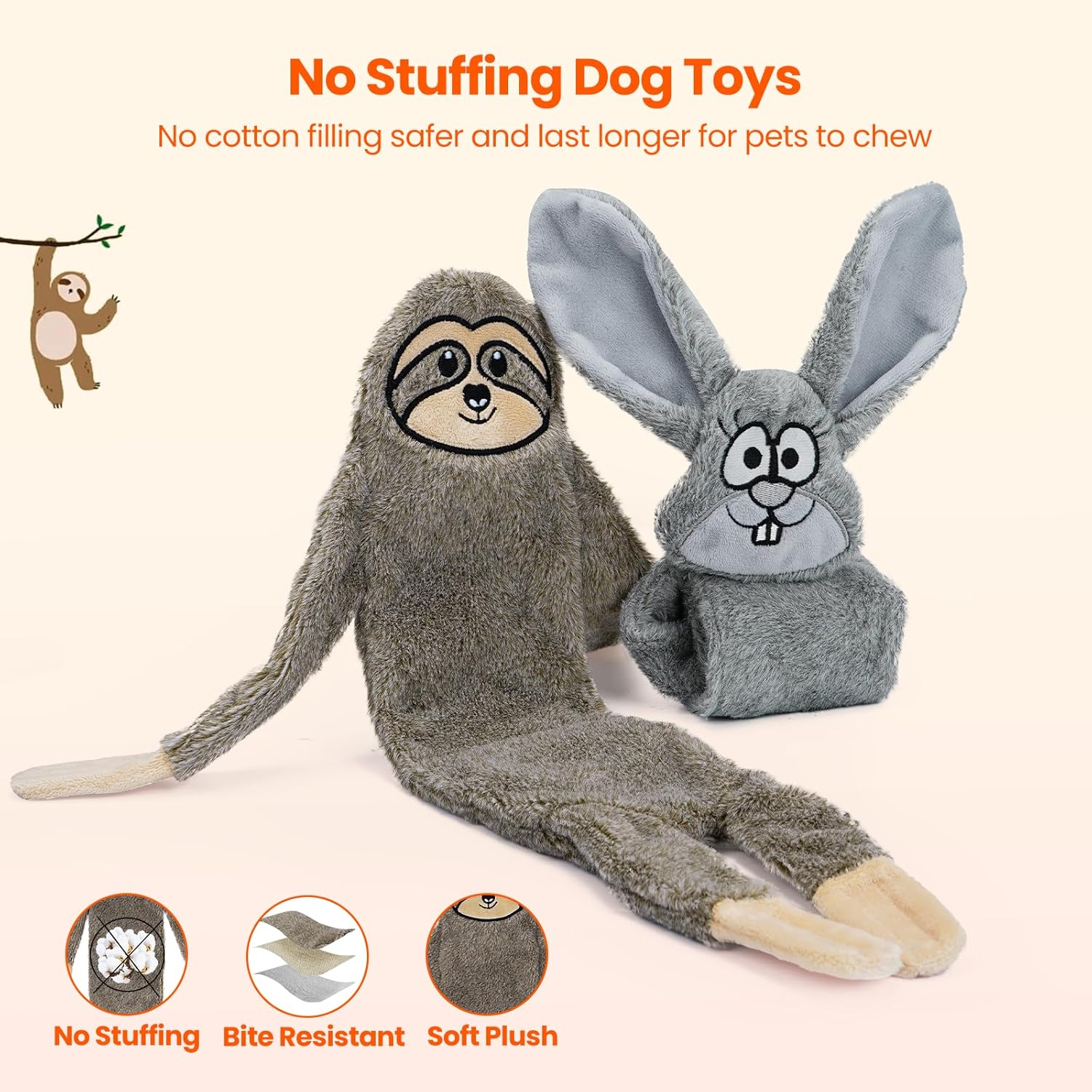 HGB Tough Indestructible Dog Chew Toys Bundle with Bunny No Stuffing Crinkle Plush Dog Toys