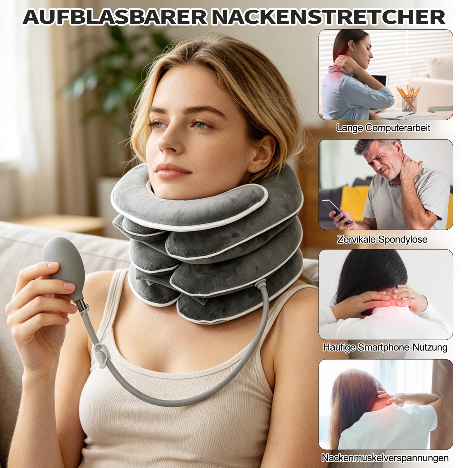 CEWROM Allungatore per il collo gonfiabile per la trazione cervicale, allungatore per il collo regolabile con design allungabile a 3 strati, cuscino cervicale per alleviare il dolore, supporto per il