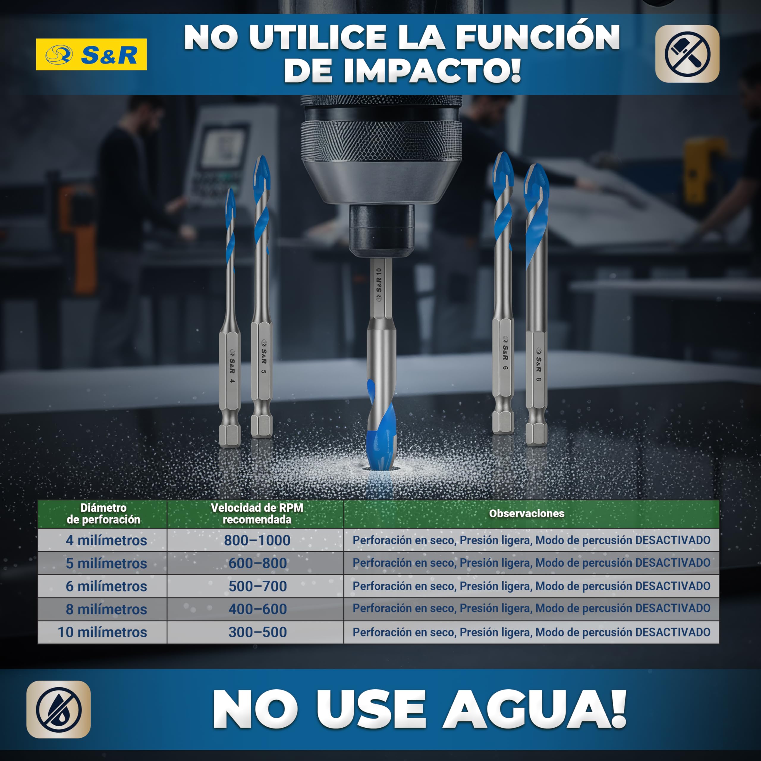 S&R Juego de Broca Azulejos Porcelanico Cerámica dura - Broca 4/5/6/8/10 mm - Broca para Porcelanico Azulejos Céramica Mármol Granito Vidrio. Brocas de Vástago hexagonal de 1/4
