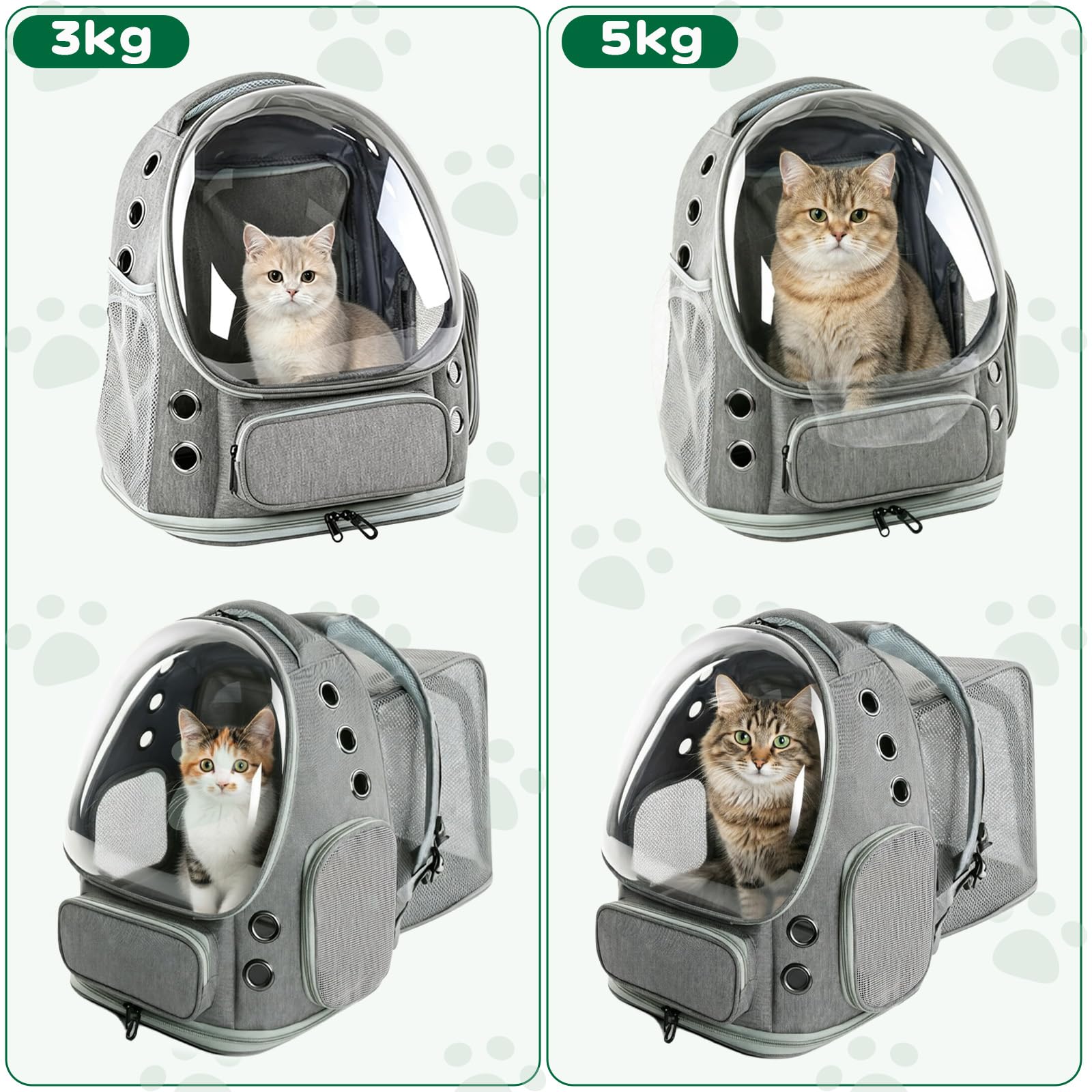 Zaino espandibile per gatti con finestra, adatto per gatti da 3 a 5 kg, con guinzaglio di sicurezza interno e tappetino per animali domestici, per auto, escursioni, grigio, 42 x 32 x 24-57 cm
