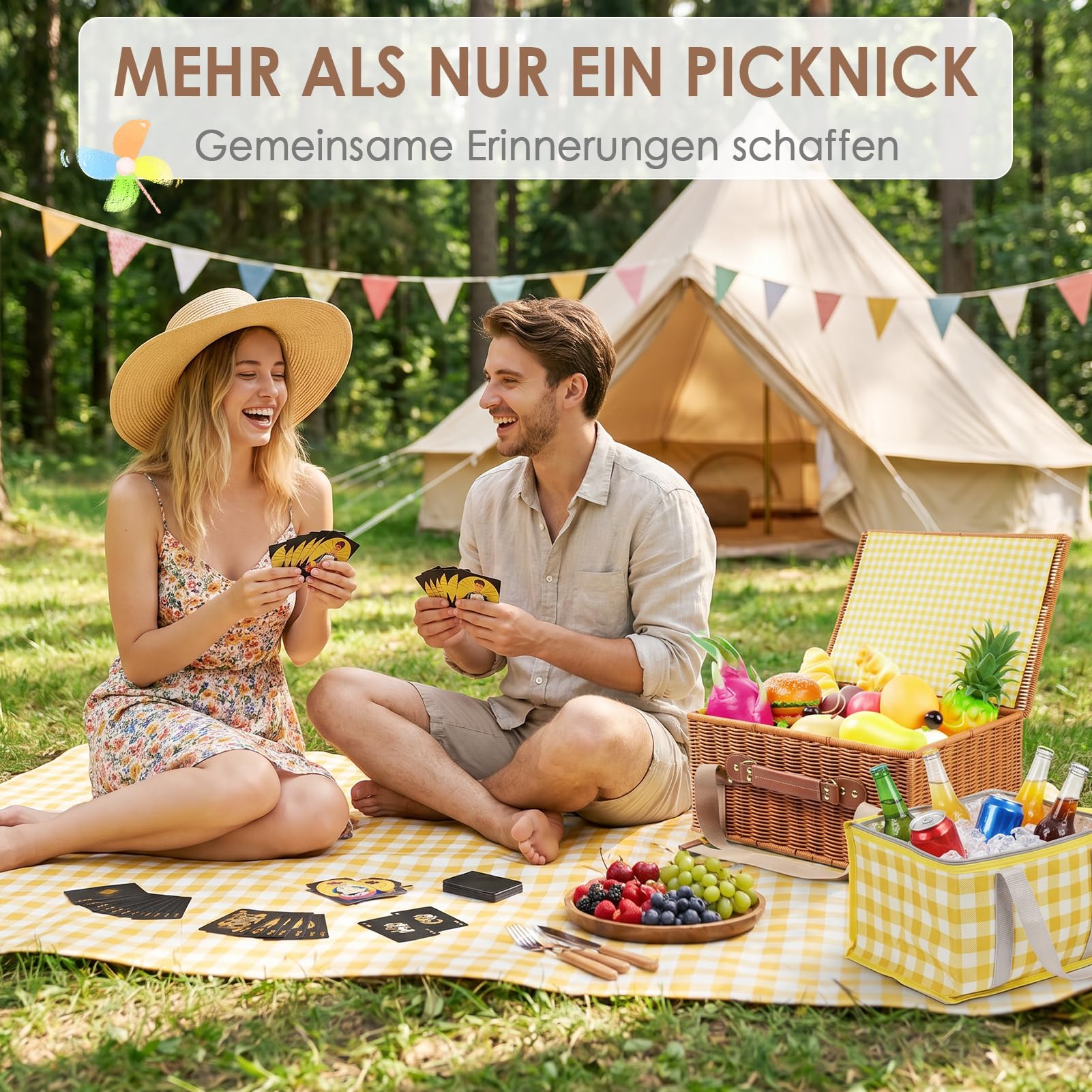 DEWEL Picknickkorb Set mit Picknickdecke 200 × 200 cm, separater Kühltasche, Bestecktasche und 2 Kartenspielen, großer Picknickkorb für Familie, Camping, Strand und Ausflüge, Gelb