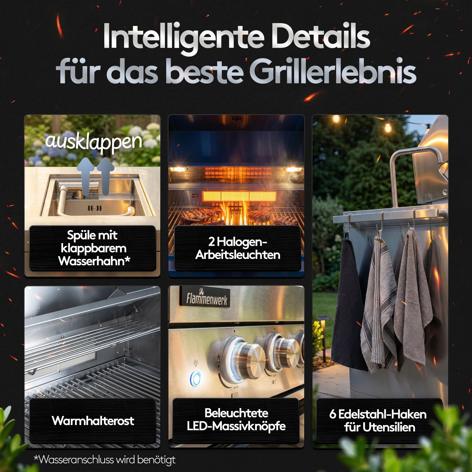 Outdoor Küche Edelstahl 6-Brenner 24,1 kW - Spüle Kühlschrank | inkl. Abdeckhaube, 4x langlebige Edelstahlguss Brenner, Infrarot Seitenbrenner Hot Zone & Backburner, Maße 248x63,5x121 cm