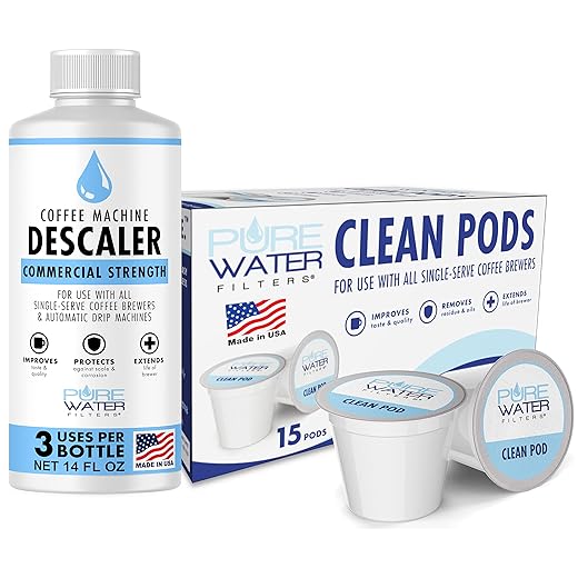 Descaler and Clean Pods for Use with All Single-Serve Coffee Brewers Including Keurig Classic/1.0 & 2.0 K-Cup - Commercial Strength Descaling Solution (3 Uses/Bottle) plus 15 Clean Pods, Made in USA