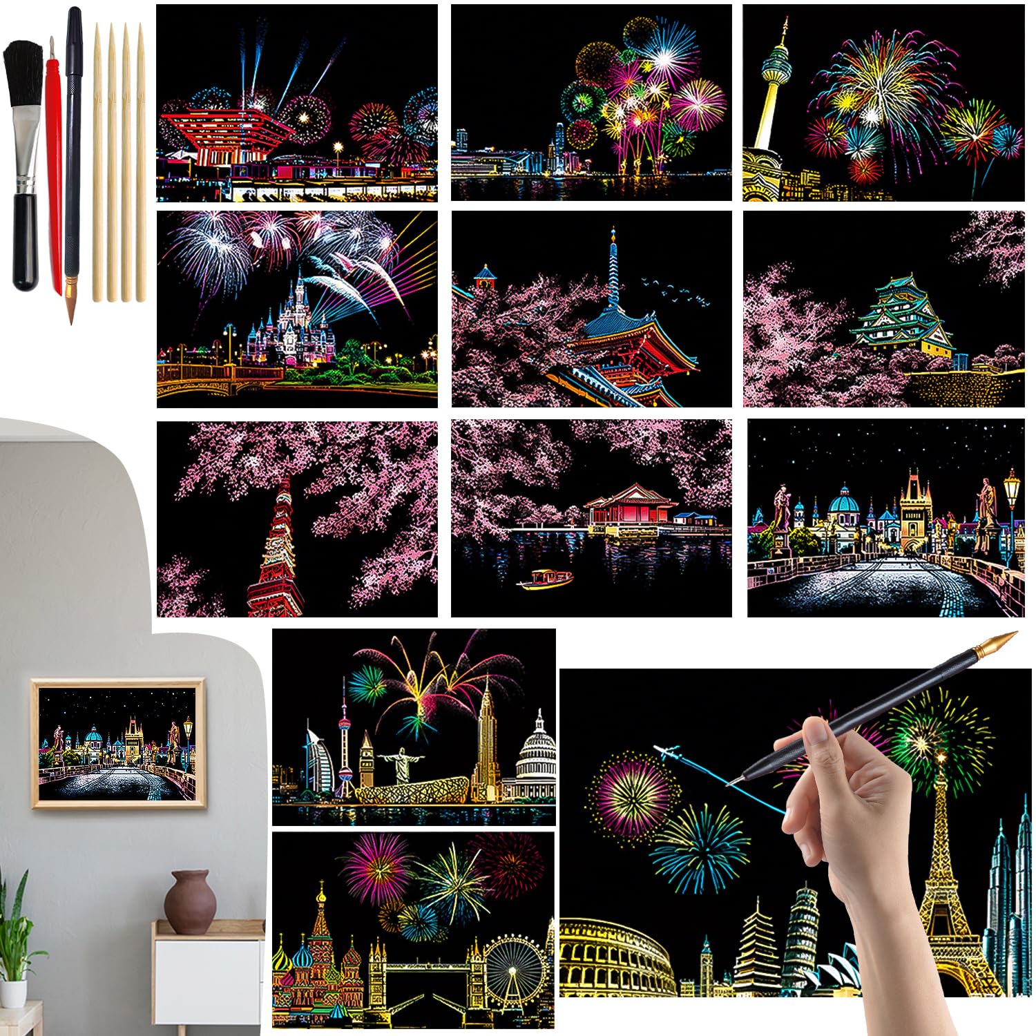 VLYX Scratch Art for Adults and Kids - 12 PCS Rainbow Scratch Notes Kit with Scratching Tools, Creative Art Supplies Children & AdultsFireworks Series