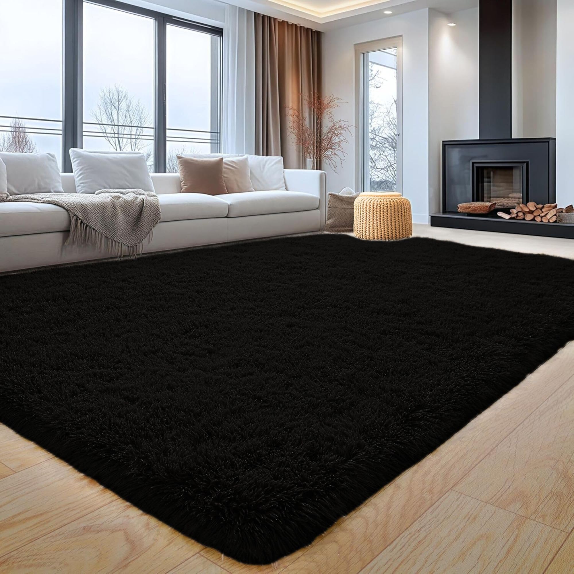 Aspire Homeware Rugs Living Room Large 160x230 Cm - Black Area Rugs for Bedroom - Super Soft Anti Slip Fluffy Shaggy Rug Thick Pile Non Shedding