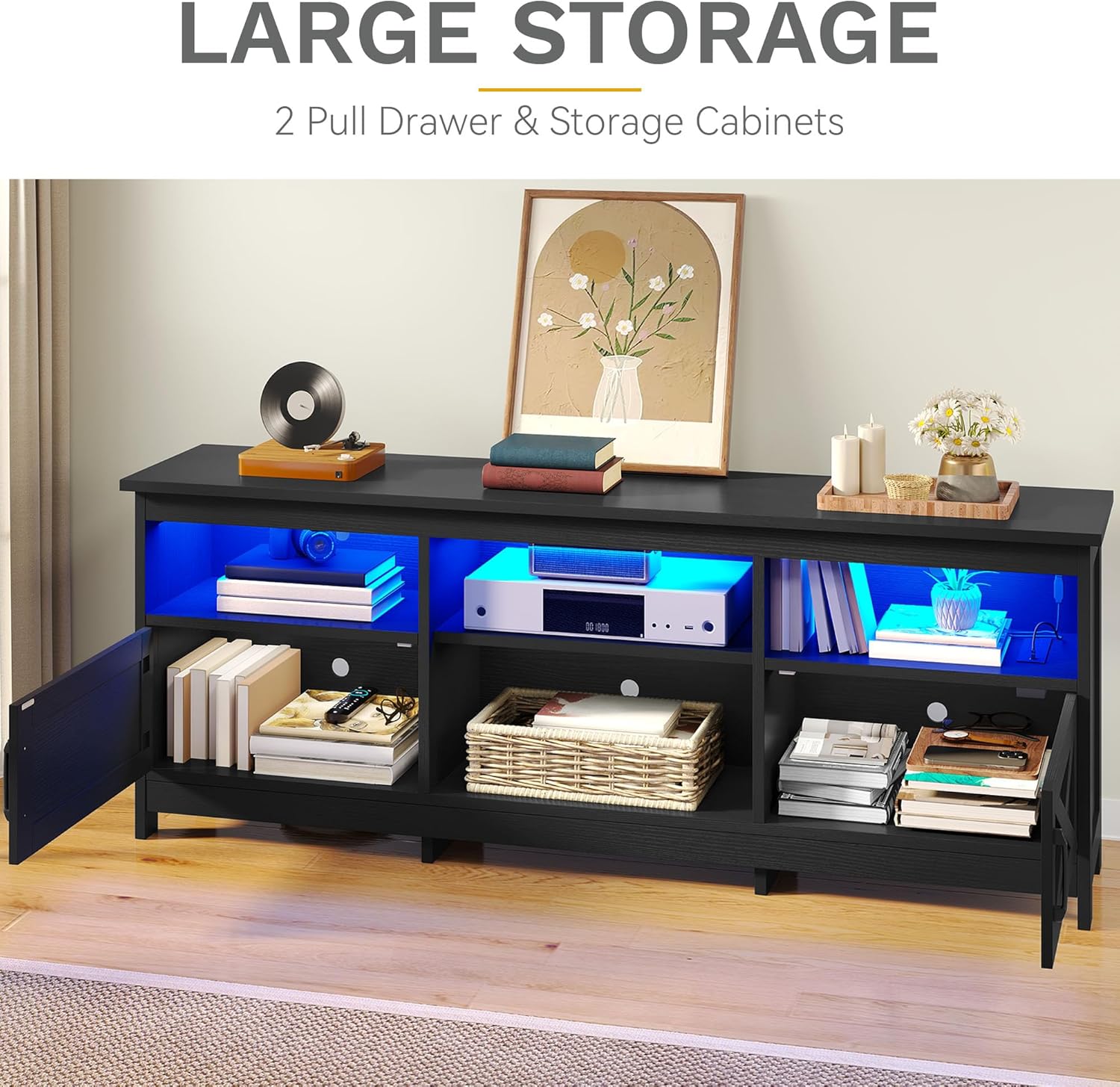 DWVO Farmhouse TV Stand with Power Outlets & LED Lights, Entertainment Center for TVs up to 80", TV Console with Storage Cabinets & Open Shelves for Living Room (Black)