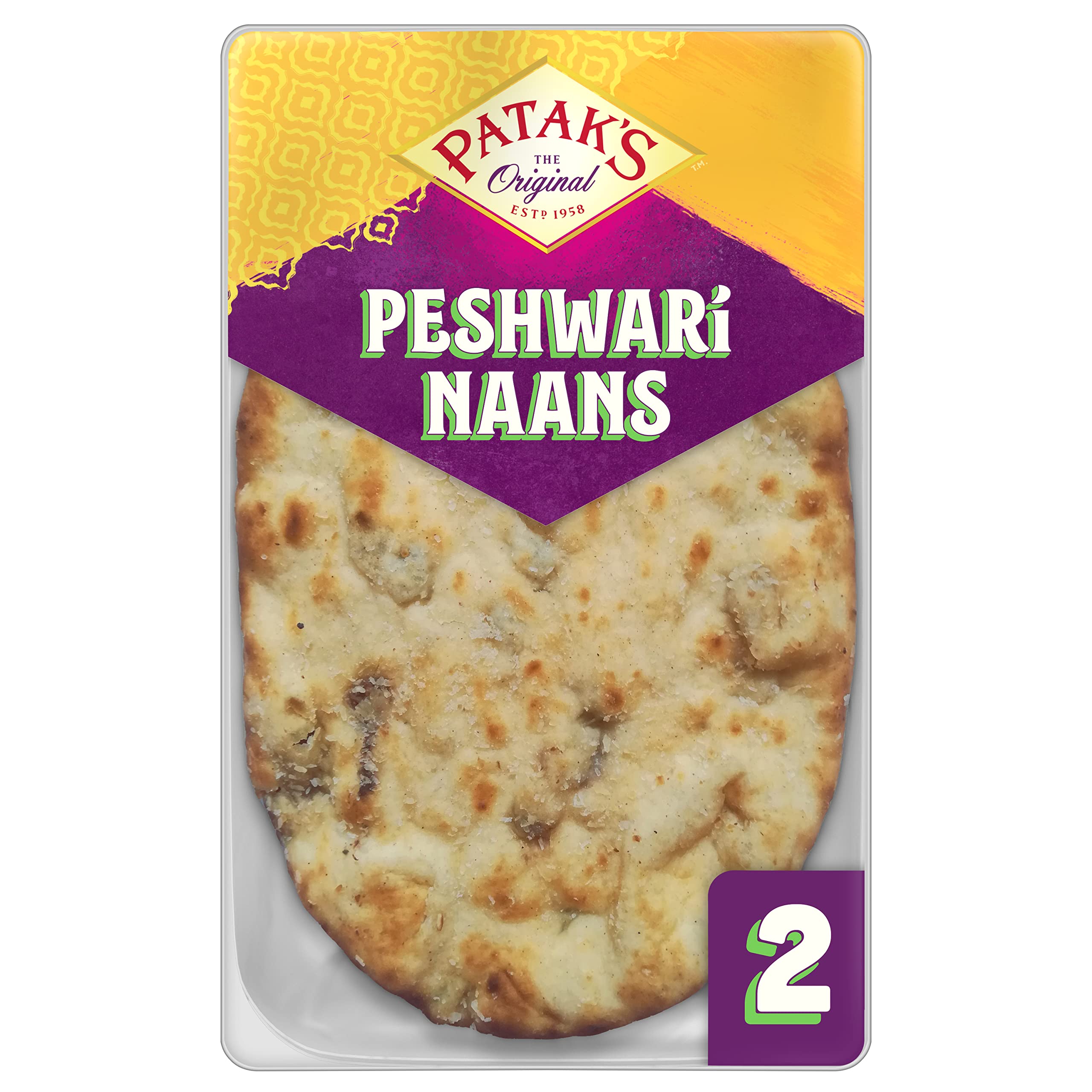 Patak's Peshwari Naan Breads | 2 Pack | Authentic & Flame Baked | No Artifical Flavours Or Colours
