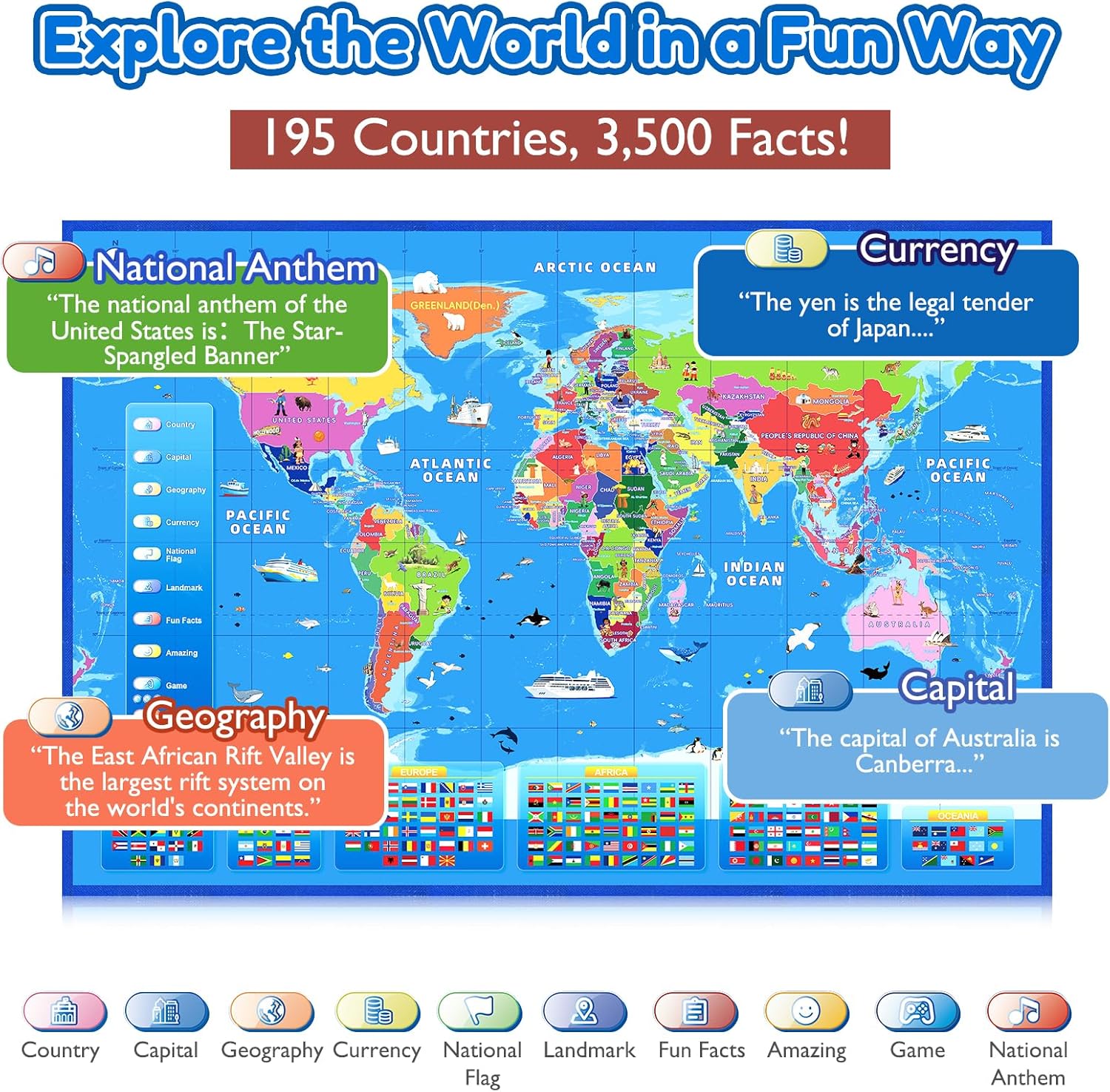 Interactive World Map for Kids Ages 5-12 with Talking Pen | Educational Geography Toy with Piano Music Card & Recordable Greeting Card | Gift for Christmas & Birthdays