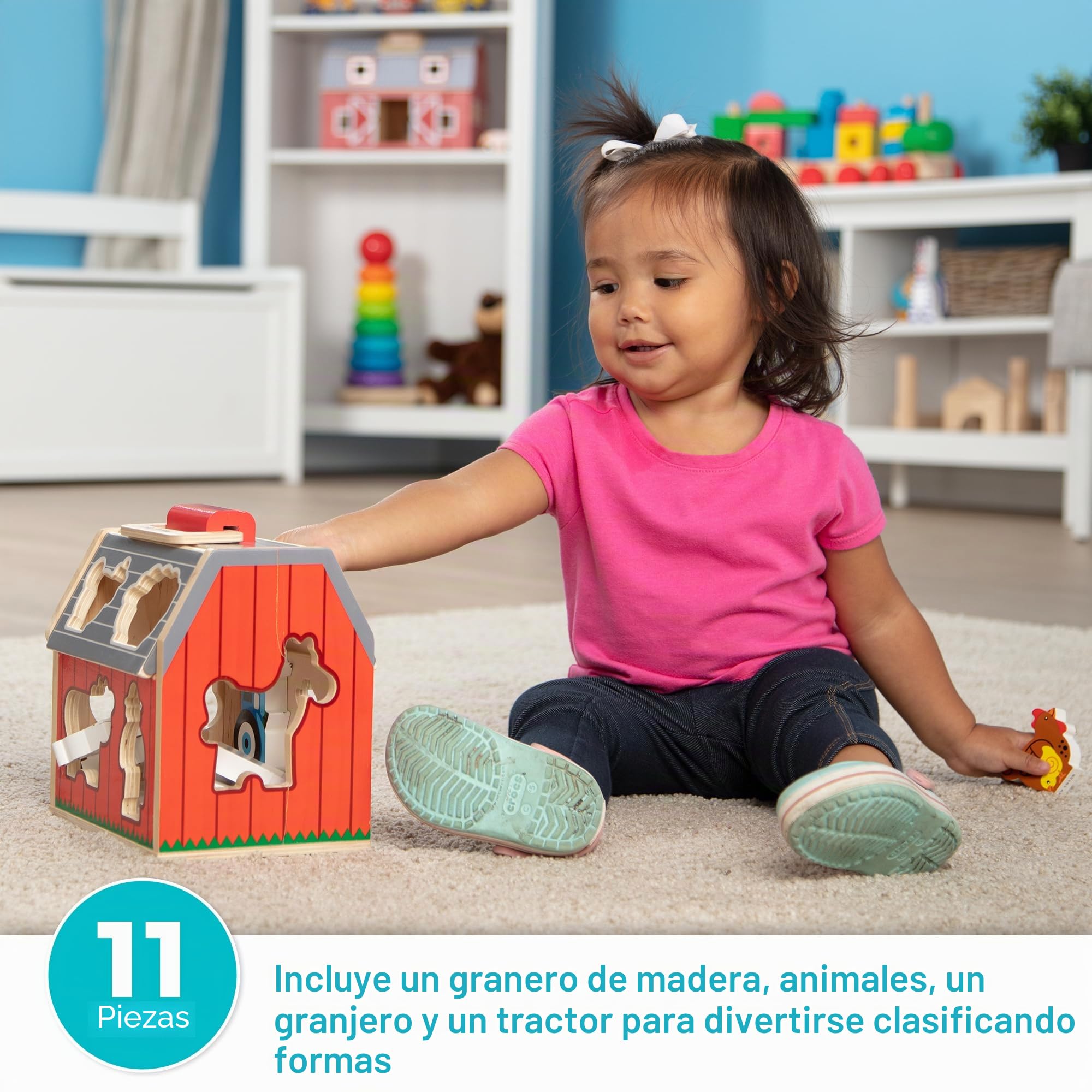 Melissa & Doug - Juguete de establo portátil de Madera, para clasificar, con tejado Que se Levanta, con asa y 10 Piezas de Juego de Granja de Madera | Granero de clasificación de madera portátil, 10 animales de granja y agricultor, juego inspirado en Mont