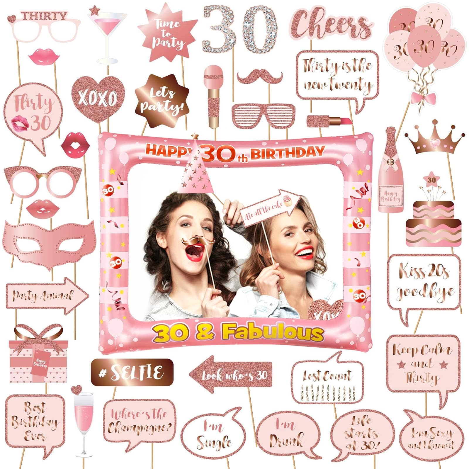Andiker Opblaasbare fotolijst zwart goud Happy Birthday accessoires voor vrouwen mannen verjaardagsfeestdecoratie roze 18 jaar