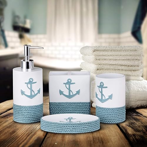 Miniatura 3 de TideAndTales - Juego de 4 accesorios de baño náuticos para decoración de pared (juego de 3), faro y rueda de barco, cuerda y ancla con tema