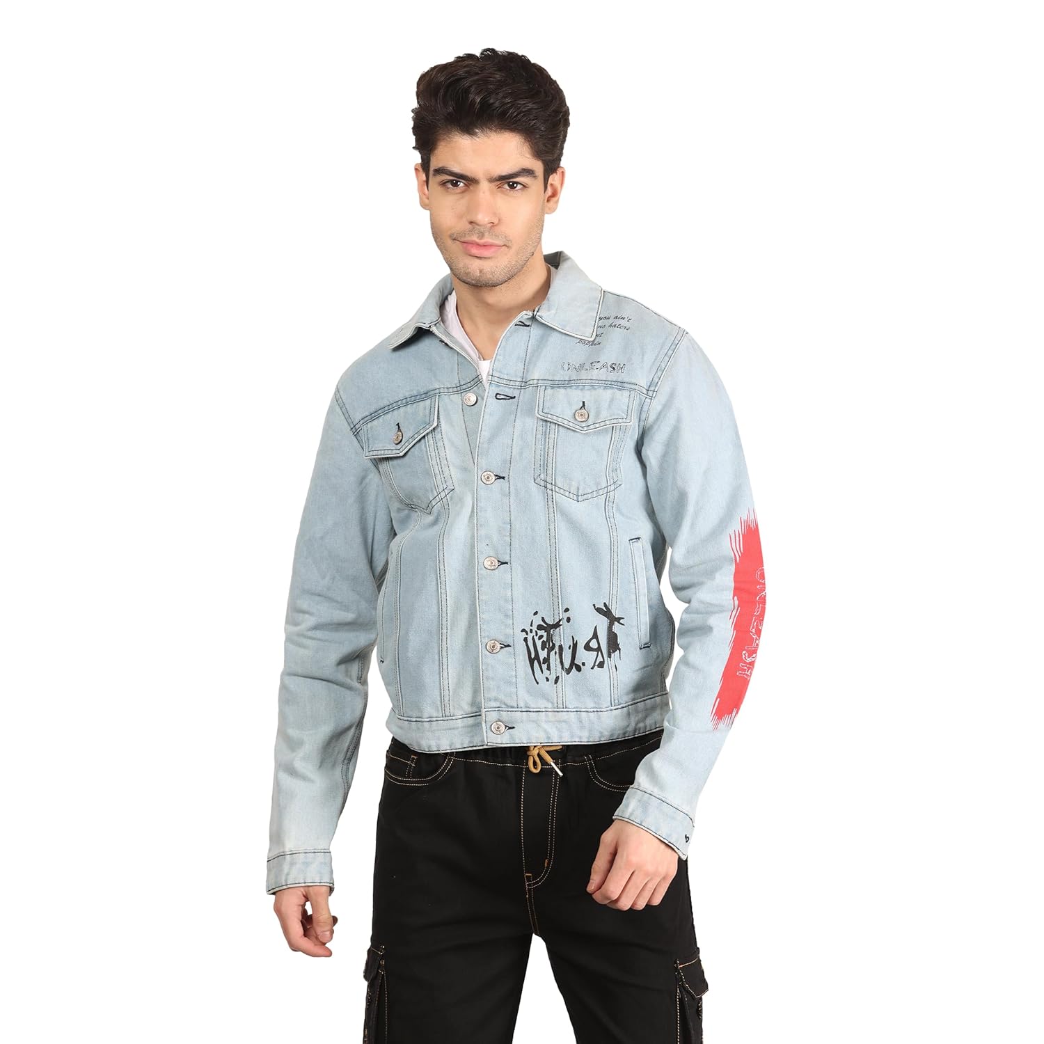 Men Regular Fit Black Printed Denim Jeans Jacket – Style Code KGDJKT-402001