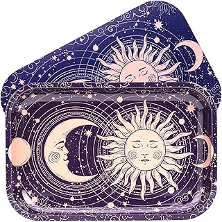 Sun Moon Rolling Tray with Magnetic Lid, 11''x7'' - Large Storage Decorative Tray - Ideal for Home & Travel, Celestial Aesthetic Metal Tray Set - Mystical Gifts for Spiritual Hippie, Astrology