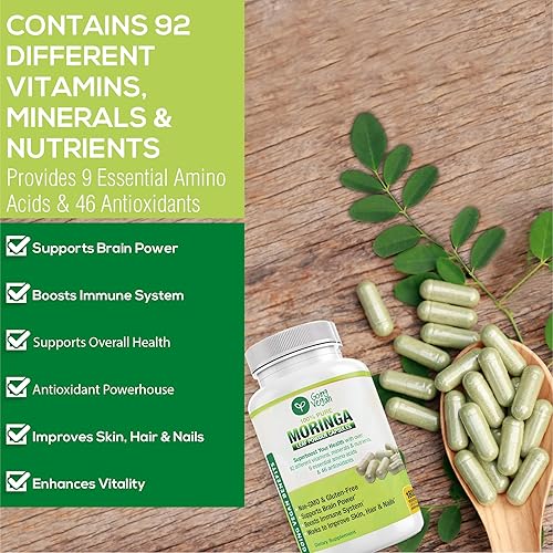 Miniatura 5 de Cápsulas de Moringa, 180 píldoras veganas de hoja de oleifera pura en polvo, 1200 mg por porción, suplemento sin OMG y sin gluten, suministro de 3