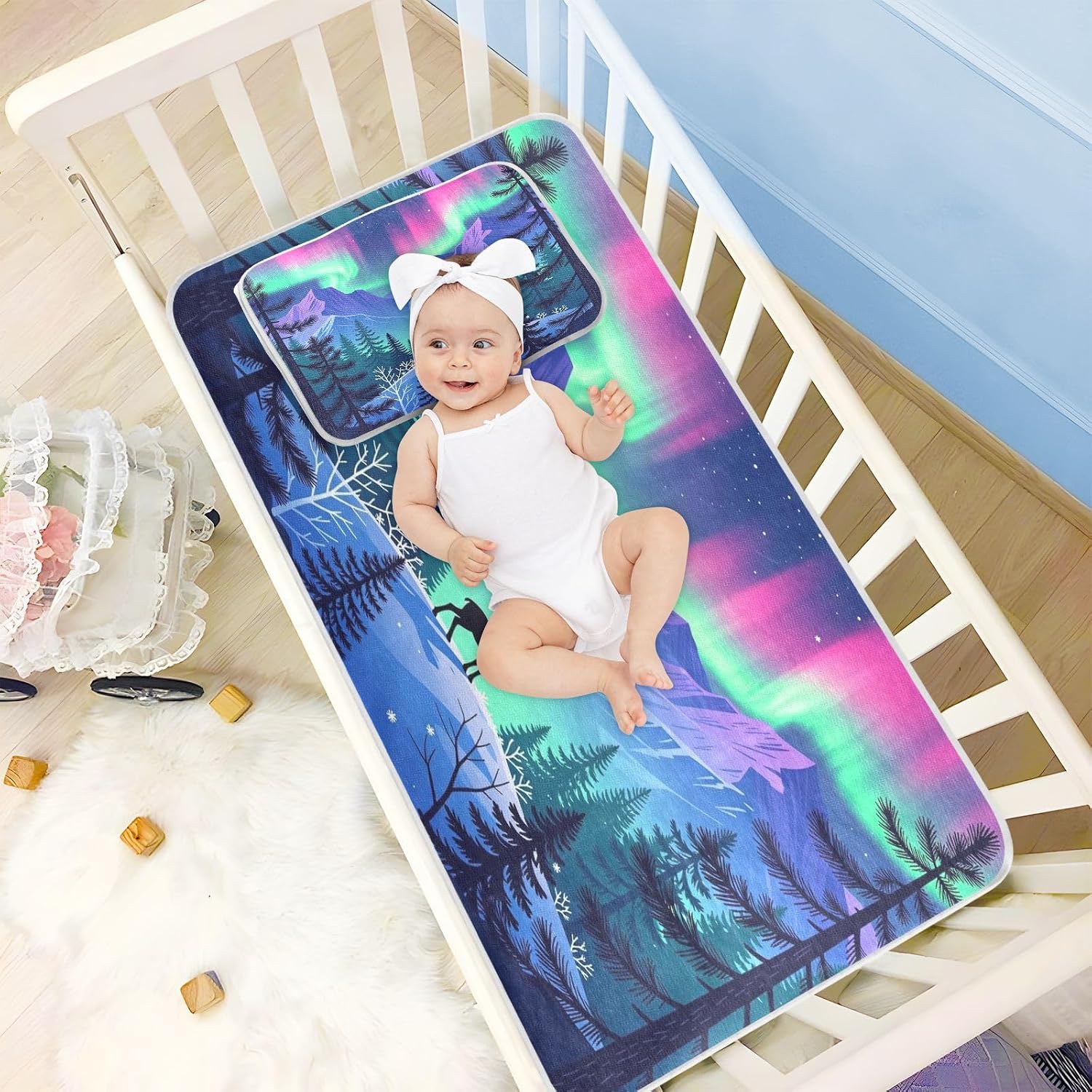Cooling Baby Crib Mattress Protector 28" x 52" Breathable Safaris Deer Forests Northern Light Pads for beds for Baby&Toddler