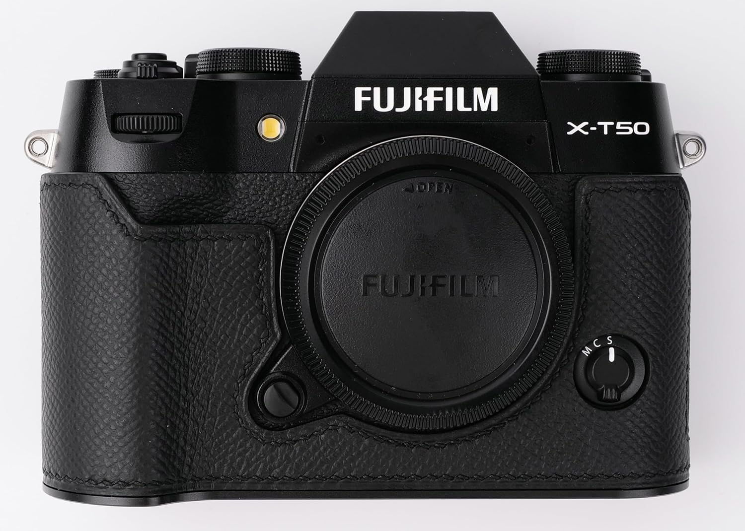 handmade Genuine Leather Camera Half Case for Fujifilm X-T50 - Top Layer Cowhide Body + Metal Base Plate - Hand Shank Free Design (Black)