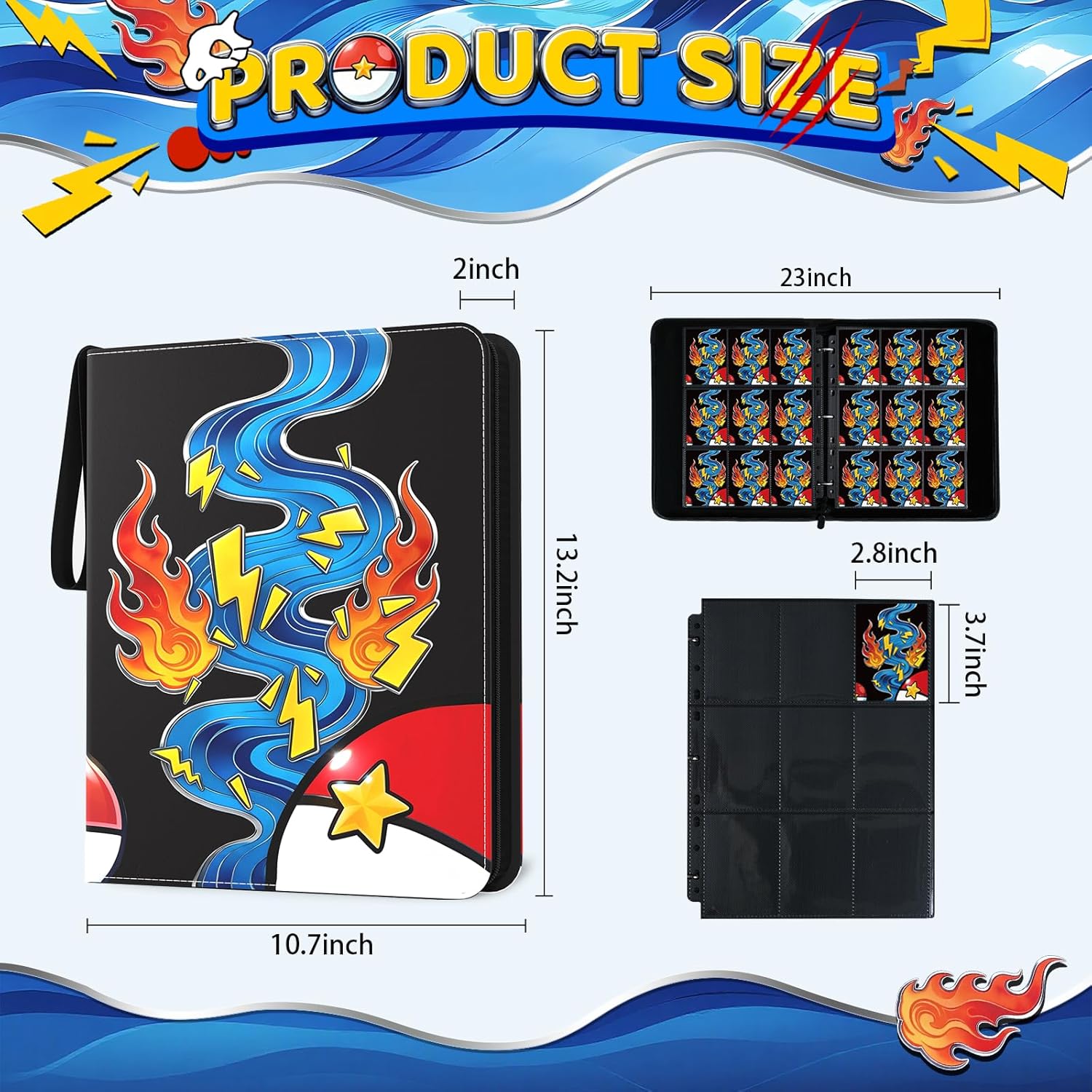 Trading Card Binder, 9 Pocket 900-Pocket with 50 Removable Binder Sleeves, 3-Ring Zipper Waterproof Card Collection Binder, Trading Card Holder for MTG/TCG Cards, Gifts for Boys and Girls（Aqua Breath）