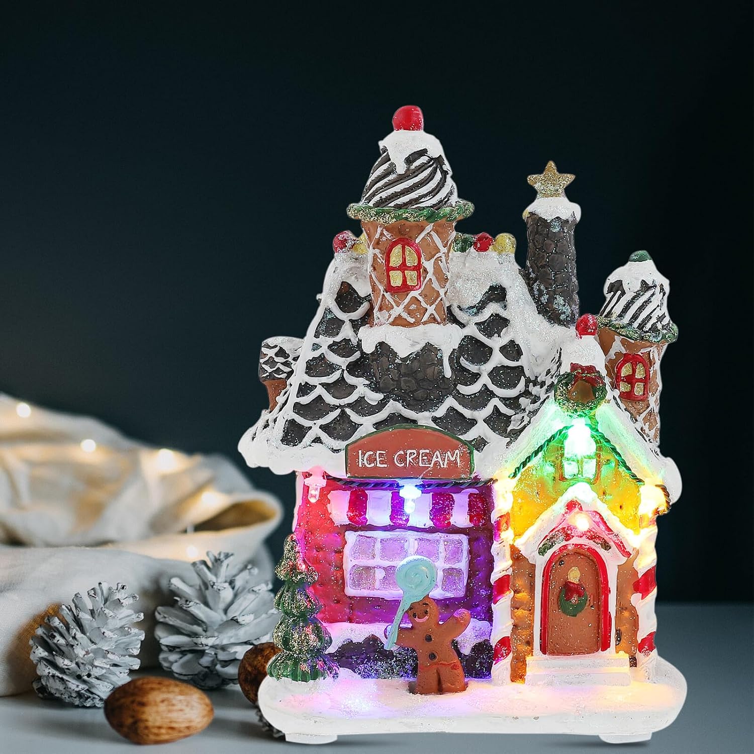 Veemoon Christmas LED Lighted Gingerbread House Figurine Ornament, Desktop Luminous Snow Scene Decoration for Xmas Party and Seasonal Display
