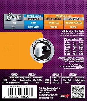 Elixir Strings Phosphor Bronze Acoustic Guitar Strings w NANOWEB Coating, Custom Light (.011-.052)