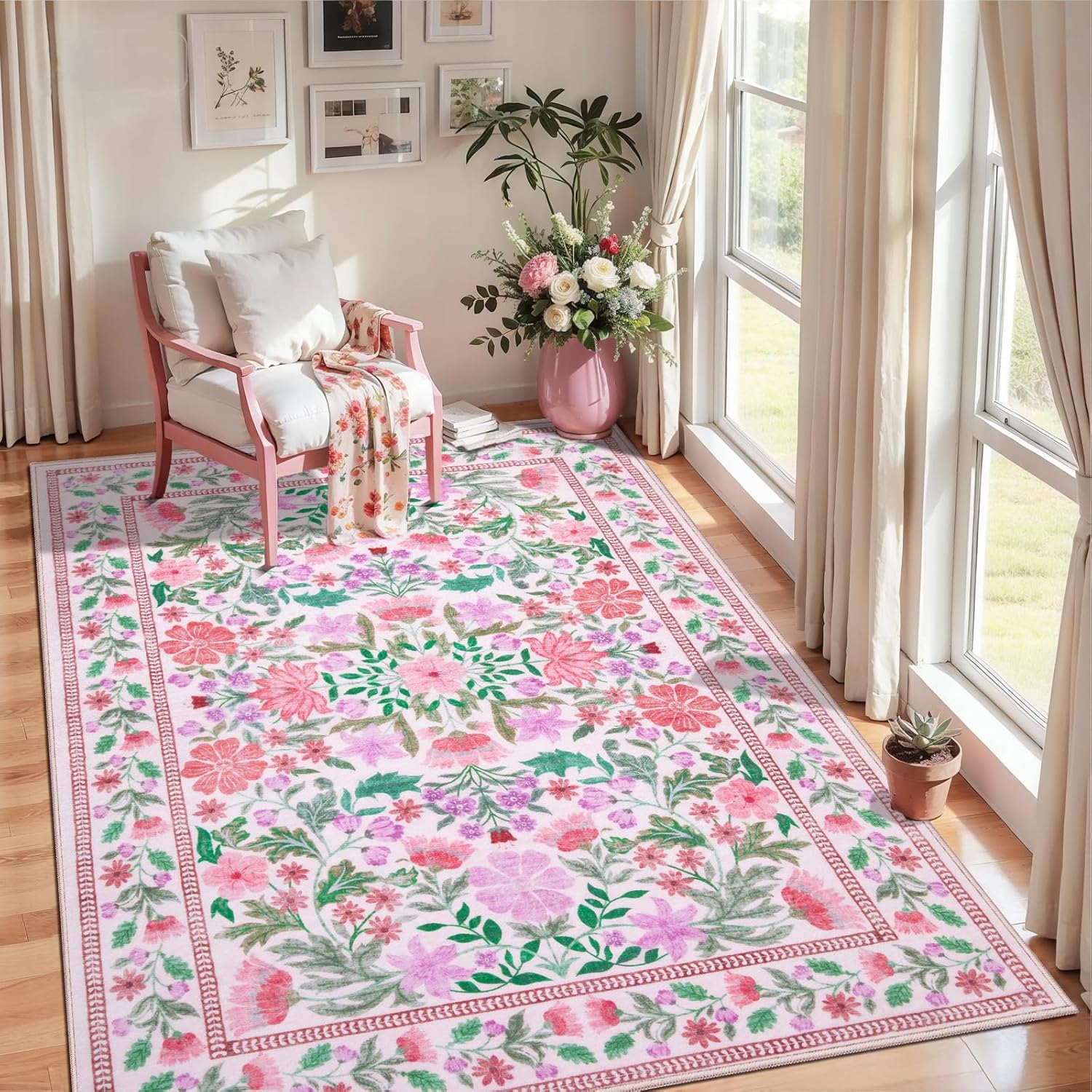 Ciicool Washable Area Rugs 4x6 for Bedroom Living Room Rug Hallway Entryway Playroom Laundry Office Home Boho Soft Low Pile Carpet Green Non-Slip Floral Green Carpets