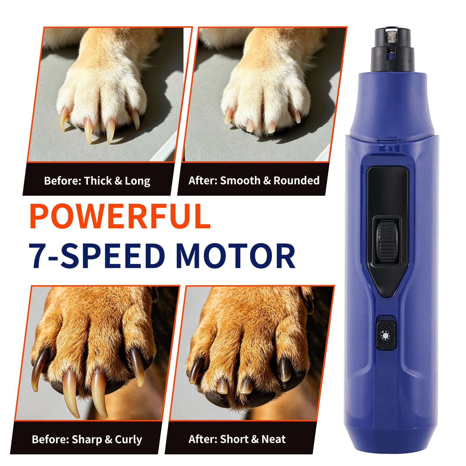 Tife Broyeur à ongles LED pour animaux domestiques, 7 vitesses réglables, coupe-ongles silencieux pour chien et chat avec tête de meulage