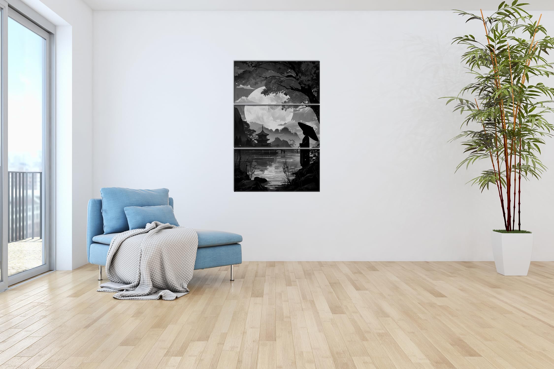 Podróżnik w świetle księżyca, ukryty w cieniu jesiennego japońskiego ogrodu. Format: 120 x 80 cm (3 części) Efekt: czarno-biały jako obraz na płótnie, motyw oprawiony na ramie z prawdziwego drewna,