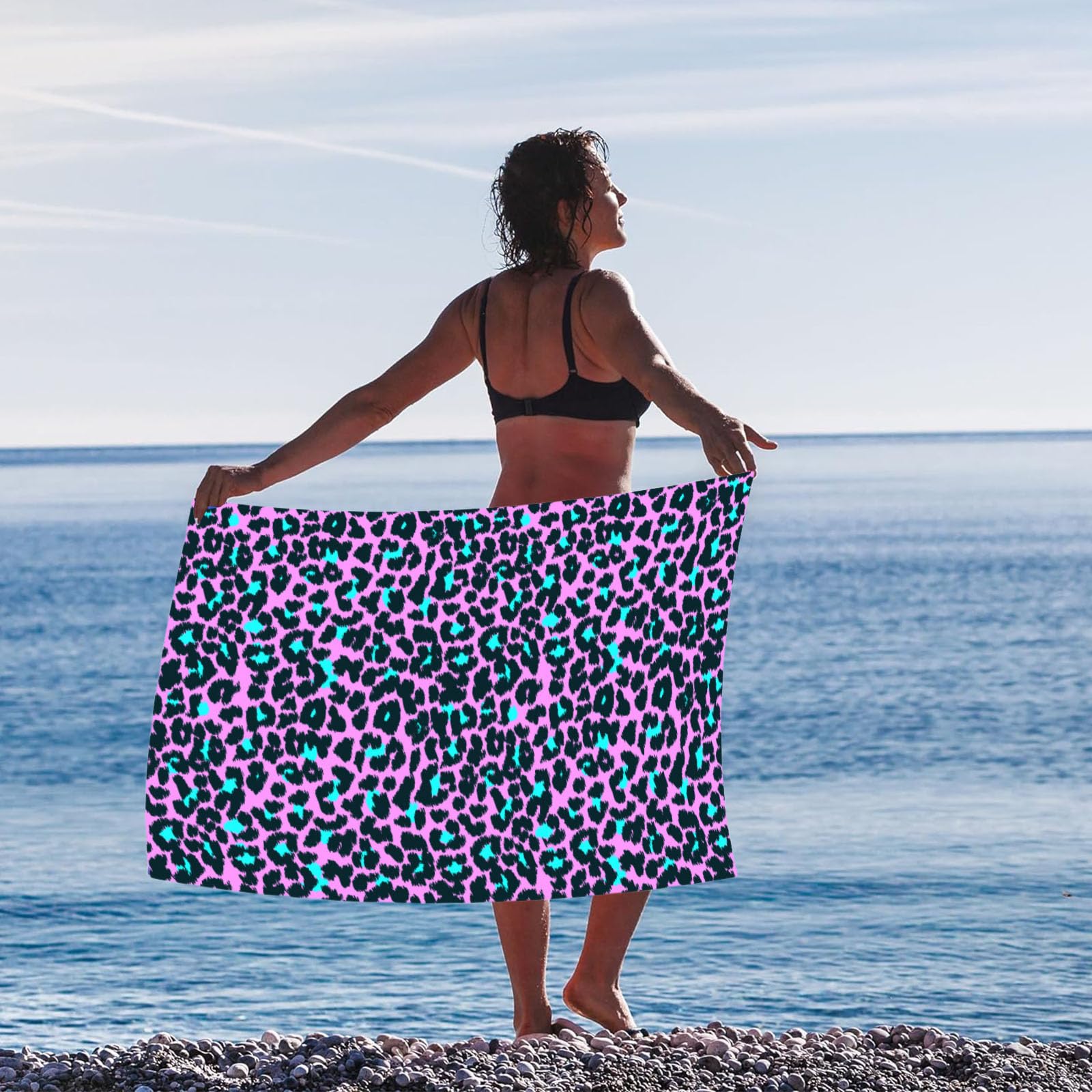 Large Thin Microfibre Beach Towel with Bag for Adult Men Women,160x90cm Hot Pink Leopard Beach Towels Quick Dry Sand Free Lightweight Swim Bath Towel for Travel,Swimming,Pool,Holiday,Camping,Yoga,Gym - Image 4