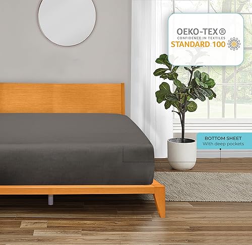 Miniatura 6 de ROYALE LINENS Sábana bajera ajustable de 300 hilos 100% algodón peinado de fibras largas, tamaño Queen, sábana inferior súper suave con bolsillo