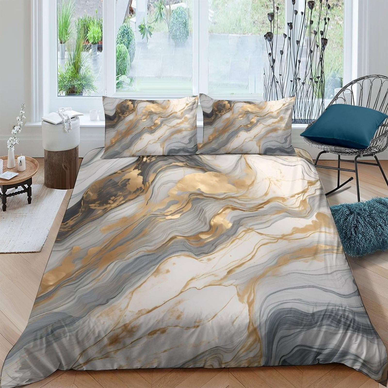 Ctjqhvkz Style-9 3D Printed Marble Gold Vein Fitted Sheet Microfiber Soft Decorative Abstract Grey Bed Cover For Bedroom Guest Room Single（135X200cm）