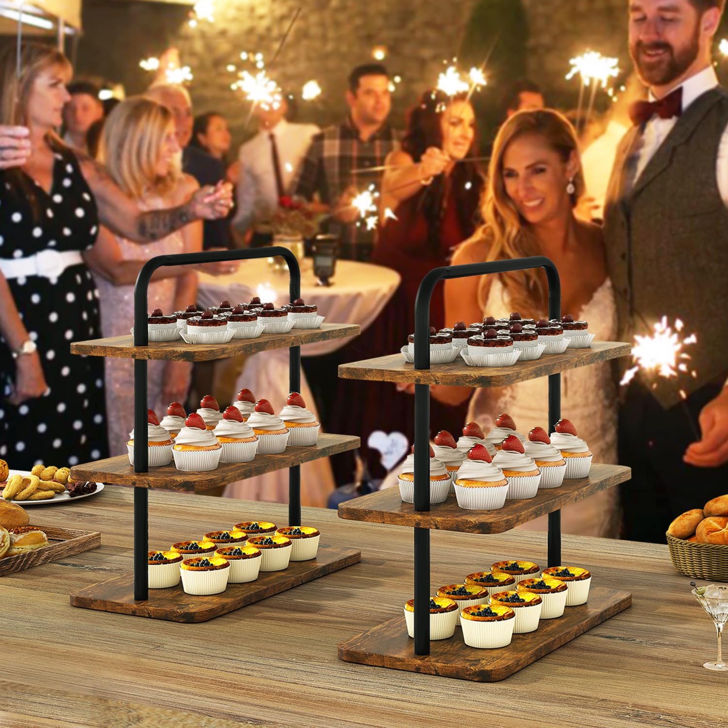 IBUYKE Tortenständer,Cupcake Ständer mit 3 Ebenen,2er Set,Braun TLJ013H-2 | Cupcake Turm Dessertständer Display Kuchenständer Gebäckständer für Hochzeit Party Babyparty Geburtstag