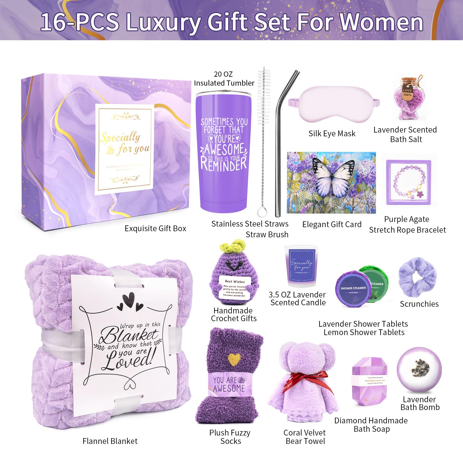 Cestino da spa da donna, cesto regalo alla lavanda, confezione da 16 pezzi per la cura di sé per donne, mamma, moglie, fidanzata, sorella, set unico per la guarigione per compleanno, festa della mamma