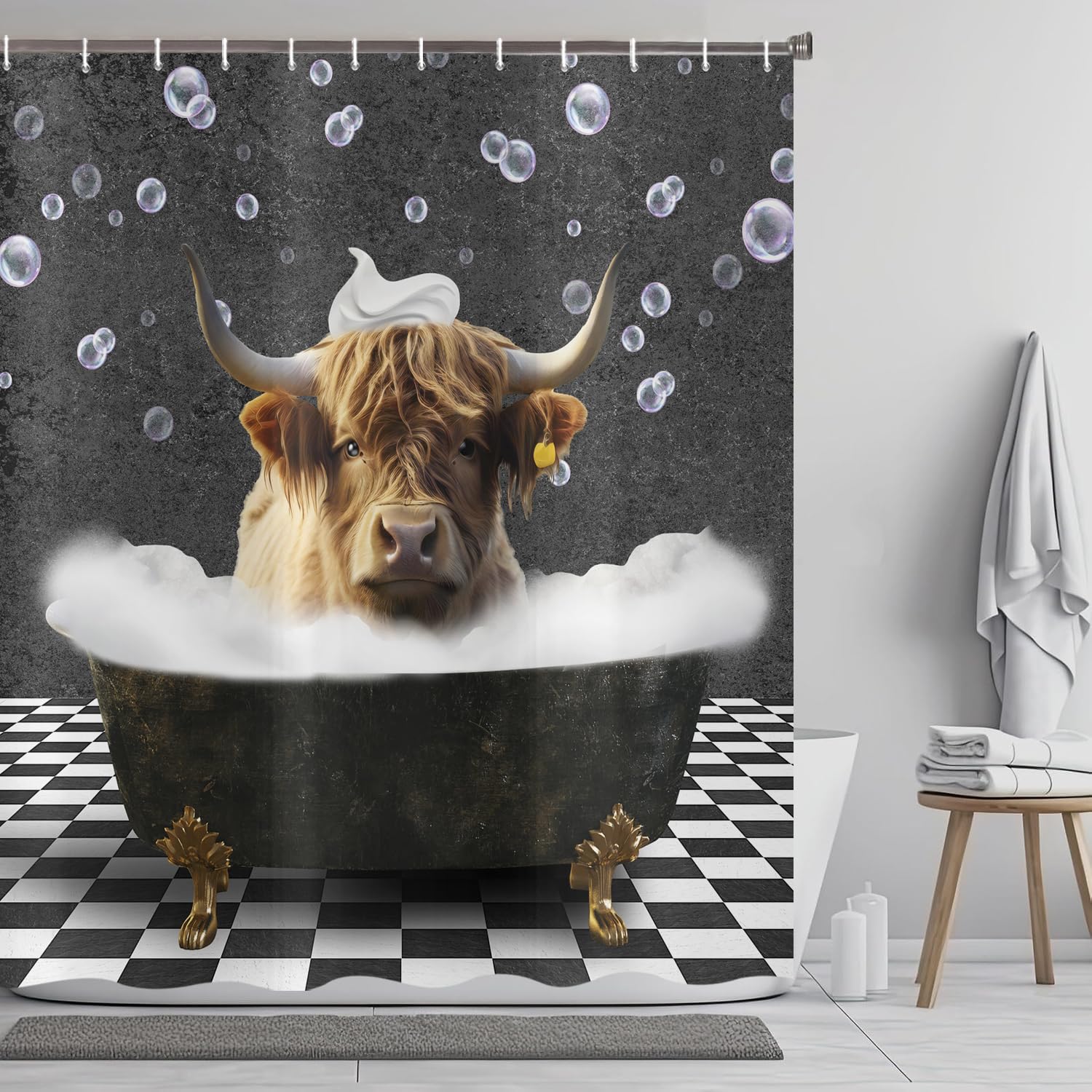 ASDCXZ Funny Cow Shower Curtain 180x180 cm, Rustic Cute Highland Cow Vintage Farmhouse Animal Wildlife Waterproof Bath Curtain Polyester Textile Washable Shower Curtains for Bathtub with 12 Hooks