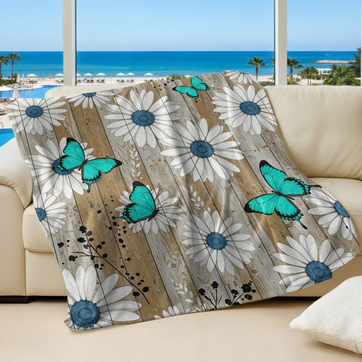 Couverture en flanelle lit canapé plaid chaud carreaux beige marguerites blanches 150x200