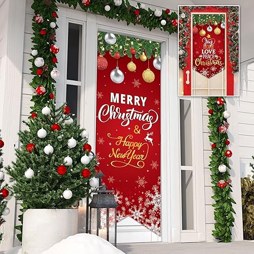Miniatura 6 de Decoración de puerta de Navidad de 118 x 24 pulgadas, decoración de fondo de porche de Navidad, cartel colgante para exteriores e interiores y