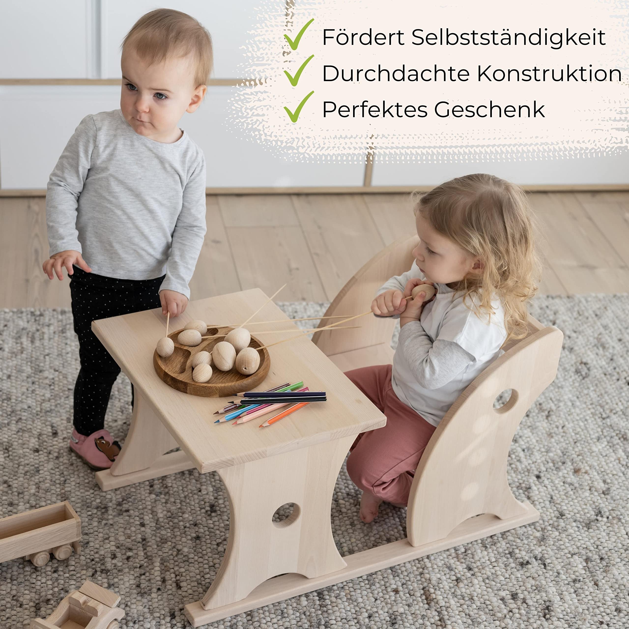JOWE Pikler Essbänkchen | Kindertisch aus Holz Made in Austria | Pikler Sitzbänkchen aus Buche | Kindertisch mit Bank (Buche naturbelassen)
