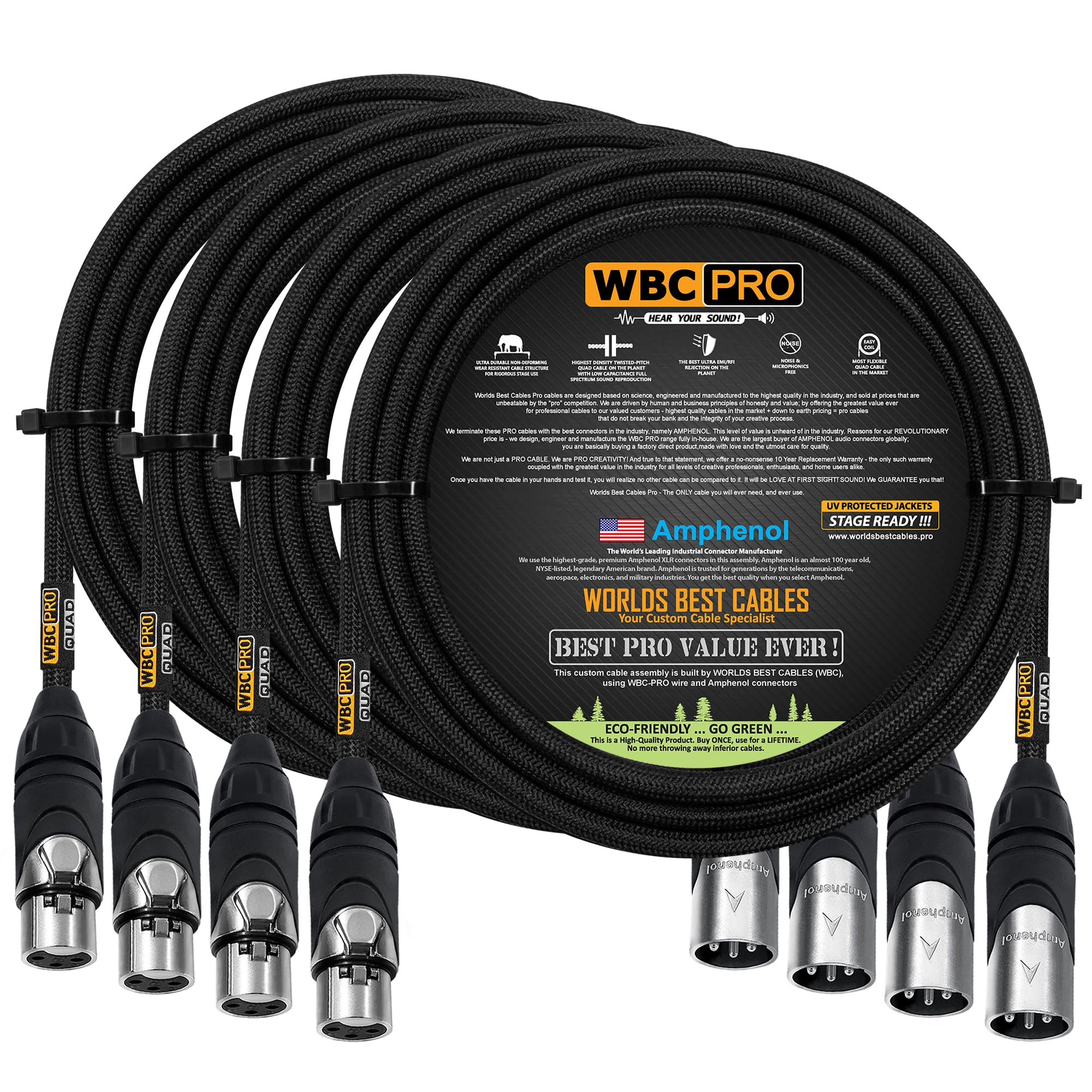 4 Units - 10 Foot - WBC-PRO-Quad Ultra-Silent Ultra-Flexible Balanced Star-Quad Cable with Amphenol Male & Female XLR Plugs & Black Tweed Jacket